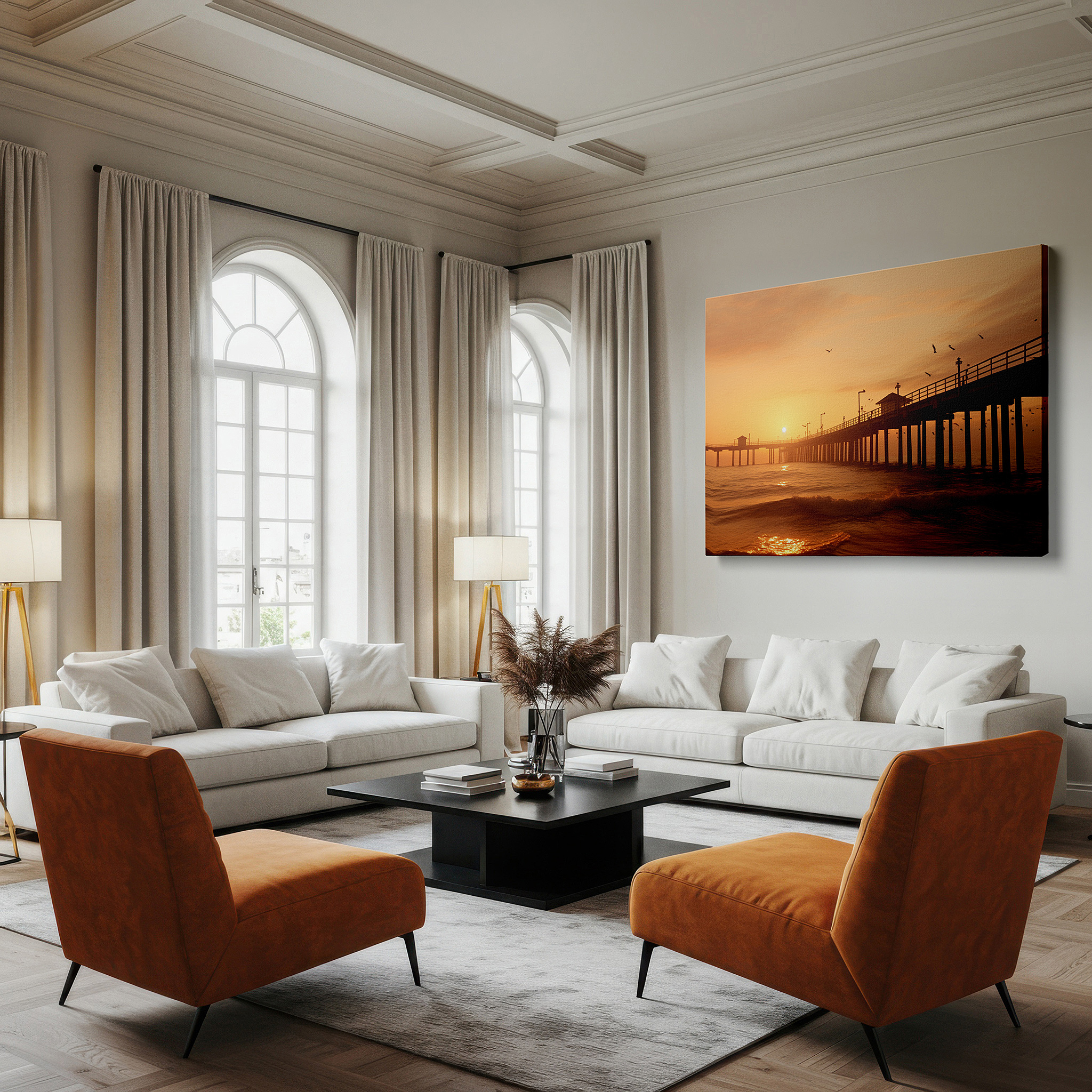 Bold and expansive at 90×60 cm — ideal for making a statement above large furniture — serene sunset at the fishing pier: large canvas wall art featuring warm hues and coastal calm, ideal for home or office decor