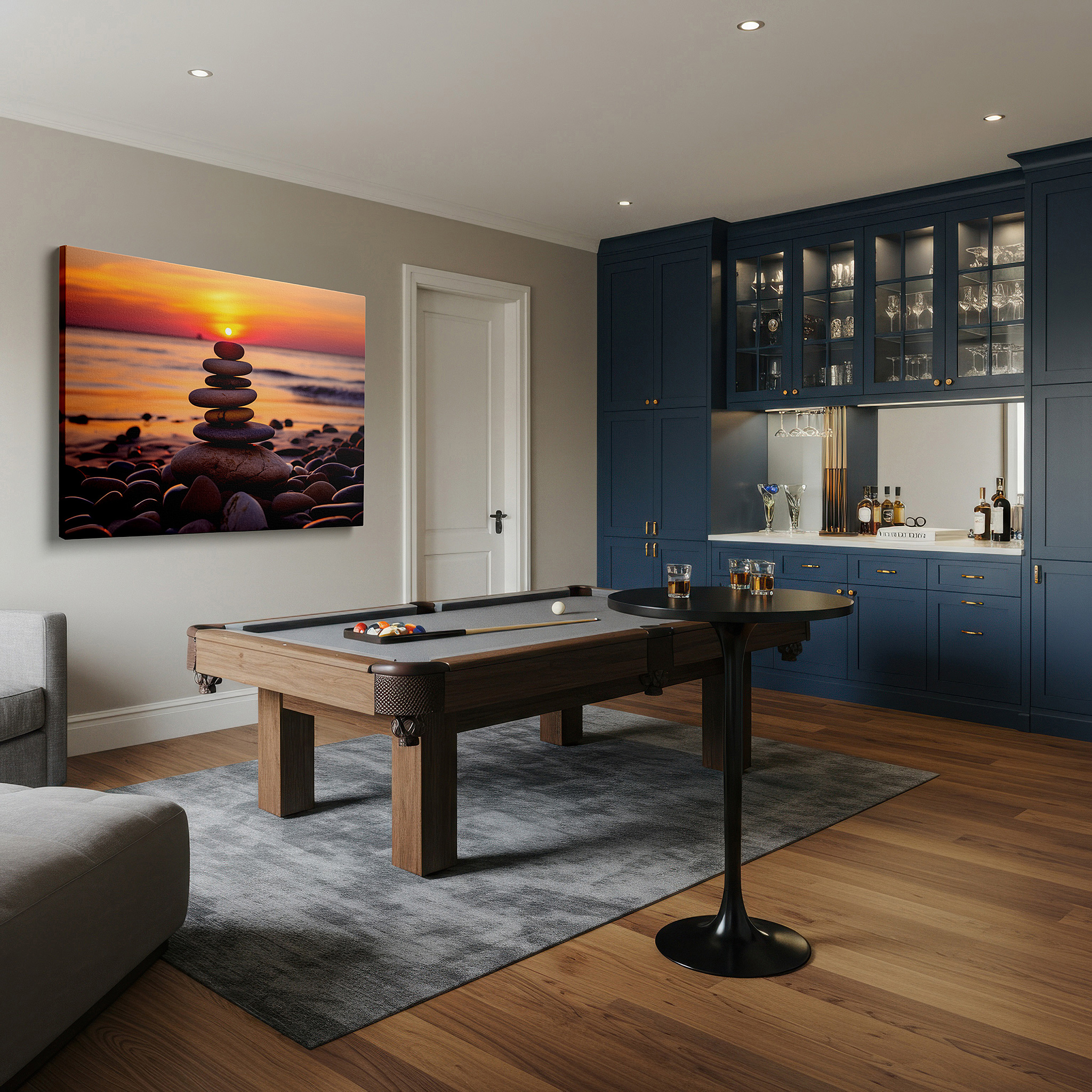 Bold and expansive at 90×60 cm — ideal for making a statement above large furniture — serene sunset at pebble beach featuring balanced stones, symbolizing harmony and peace - large canvas wall art for home and office decor