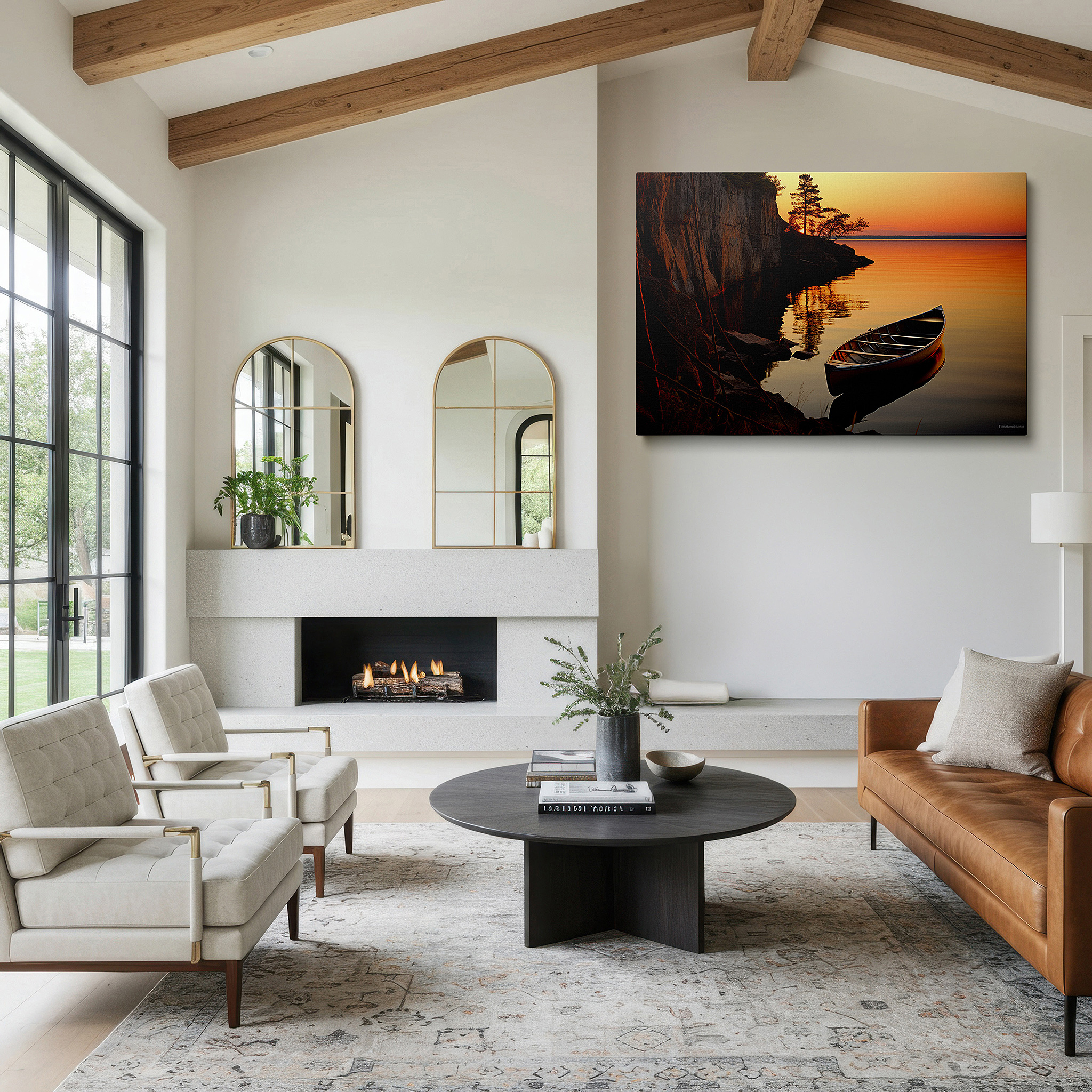 Bold and expansive at 90×60 cm — ideal for making a statement above large furniture — serene sunset and tranquil lake with canoe canvas print, vivid nature reflection large wall decor for office
