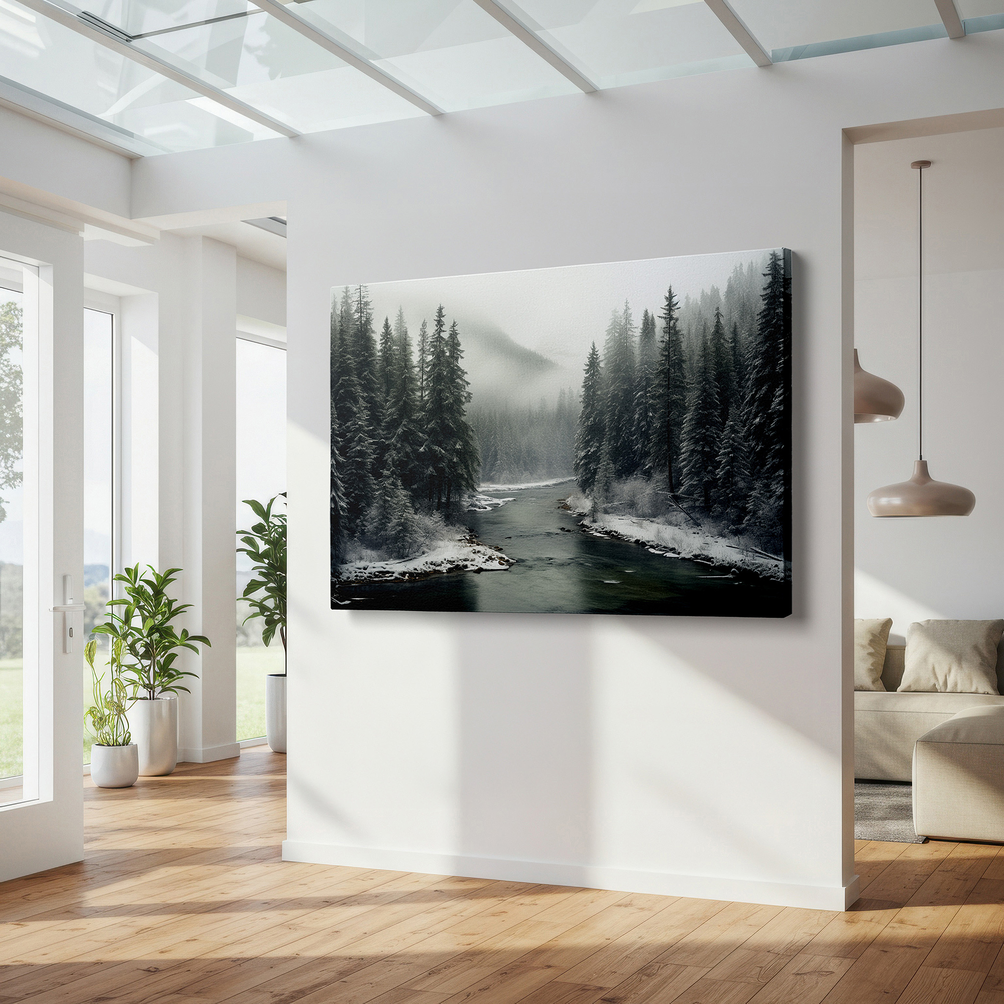Bold and expansive at 90×60 cm — ideal for making a statement above large furniture — serene winter scene with enchanted river and snowy forest large canvas wall art for office and bedroom decor