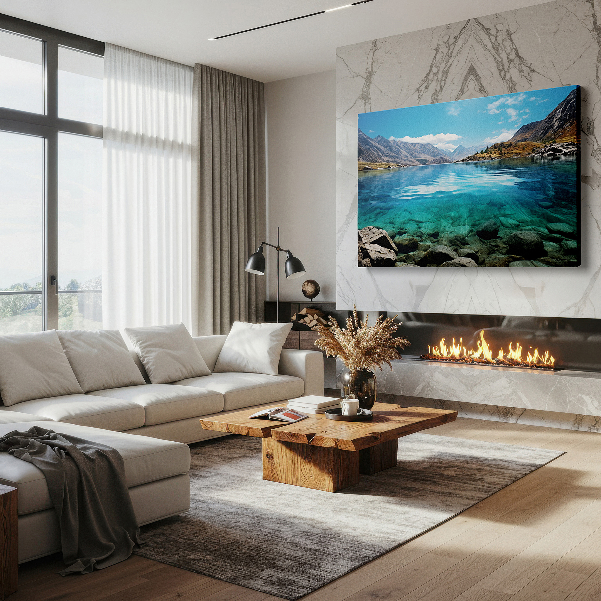 Bold and expansive at 90×60 cm — ideal for making a statement above large furniture — snow-capped mountains and golden skies reflected in majestic lake large canvas wall art for office and bedroom decor