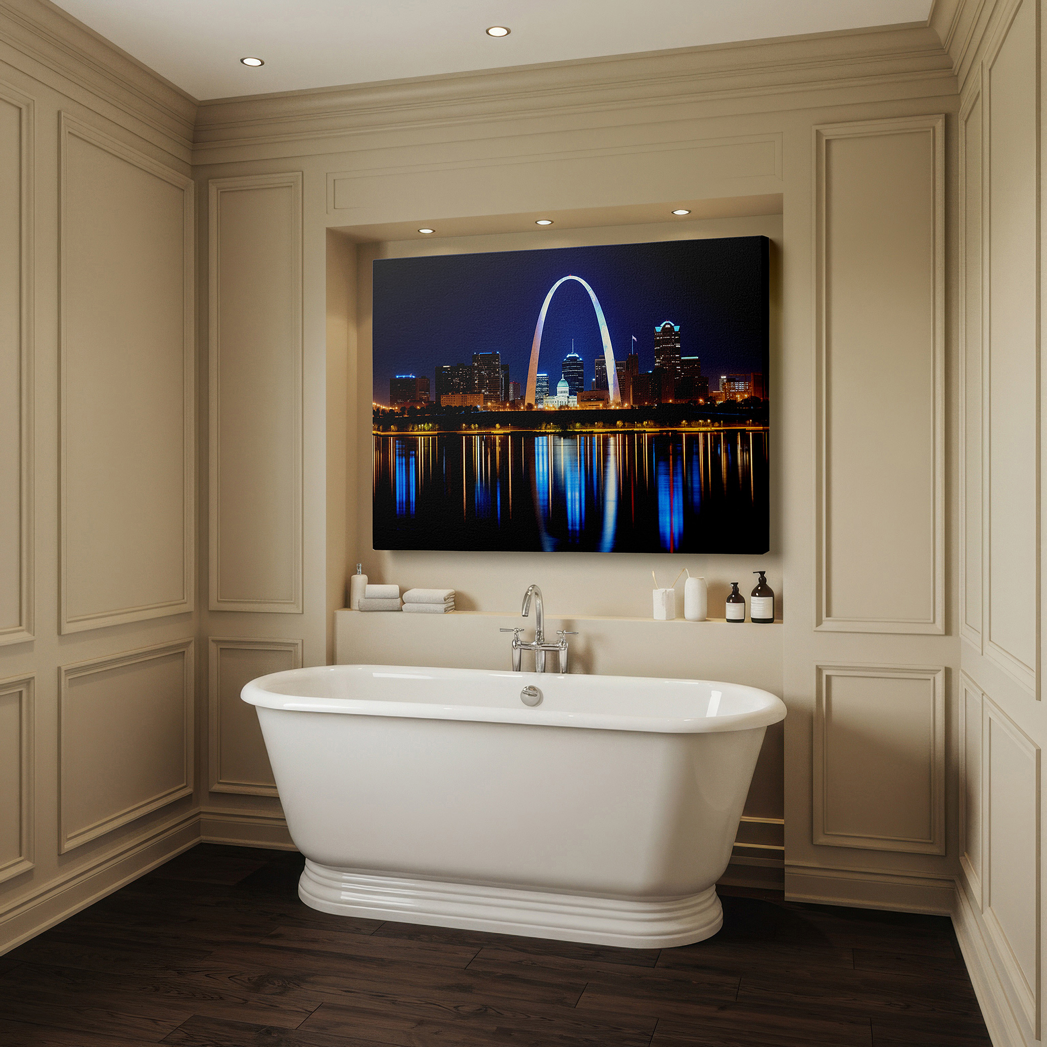Bold and expansive at 90×60 cm — ideal for making a statement above large furniture — starry night over gateway arch - st. louis's architectural wonder large wall art, canvas print, home and office decor