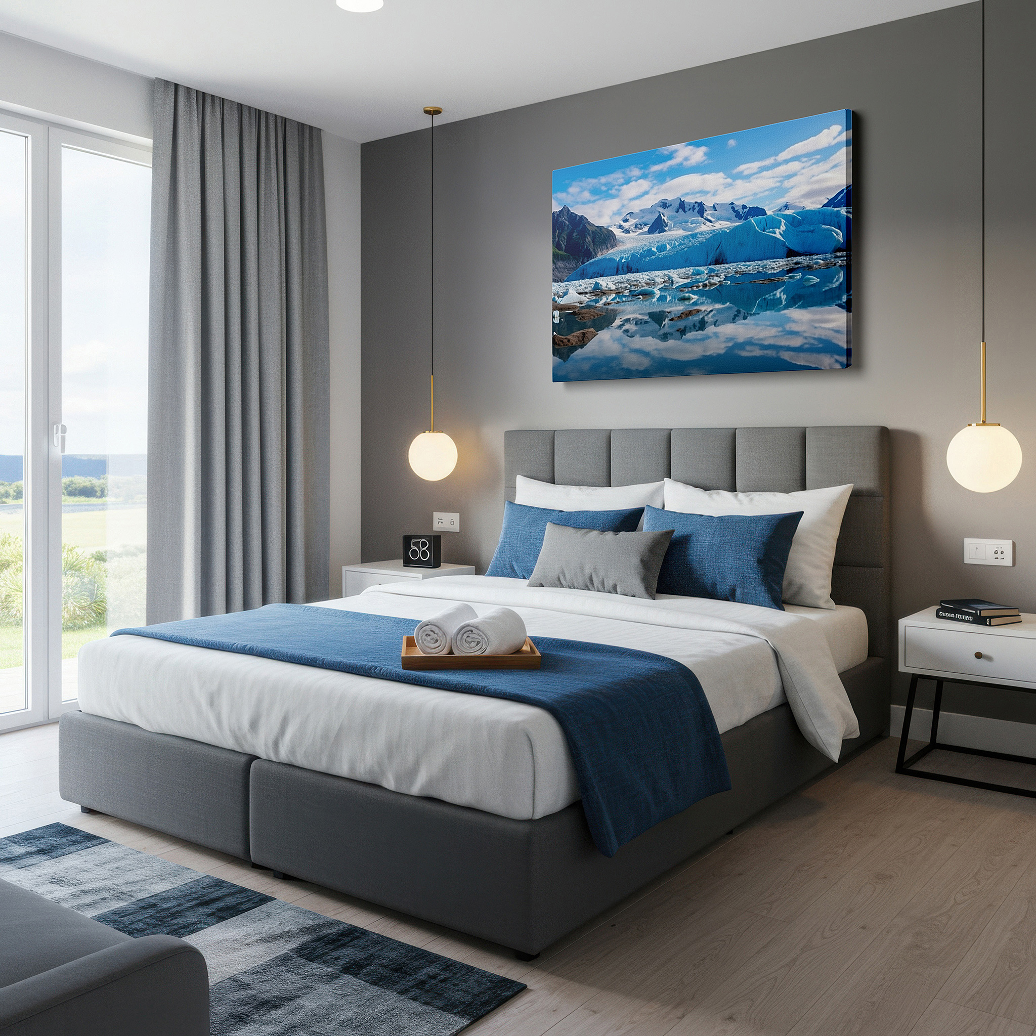 Bold and expansive at 90×60 cm — ideal for making a statement above large furniture — stunning glacier reflections in peaceful waters surrounded by lofty mountains - large canvas wall art for office and bedroom decor