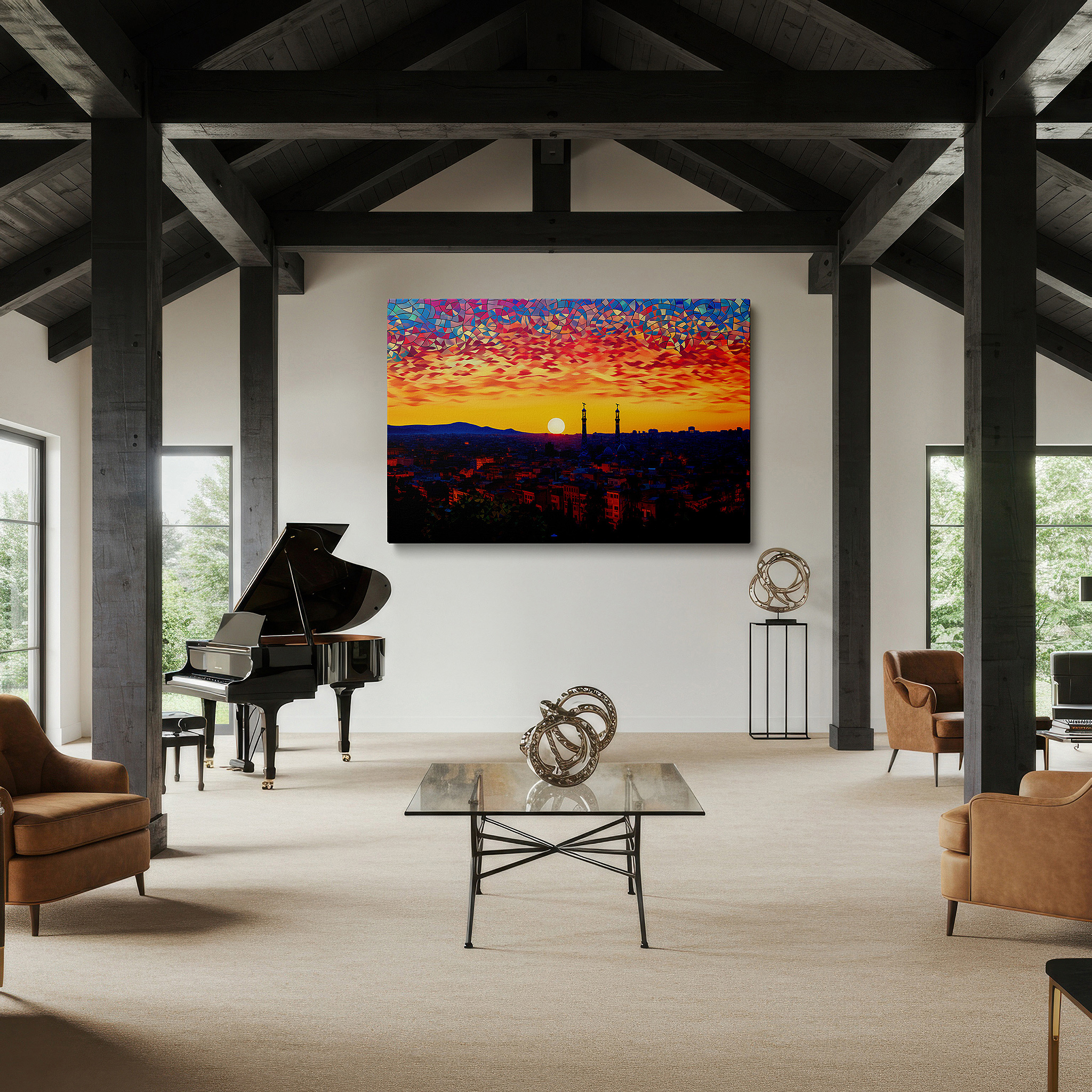 Bold and expansive at 90×60 cm — ideal for making a statement above large furniture — sunset and city skyline canvas with mountain silhouettes - large wall art for office, bedroom, and living room decor