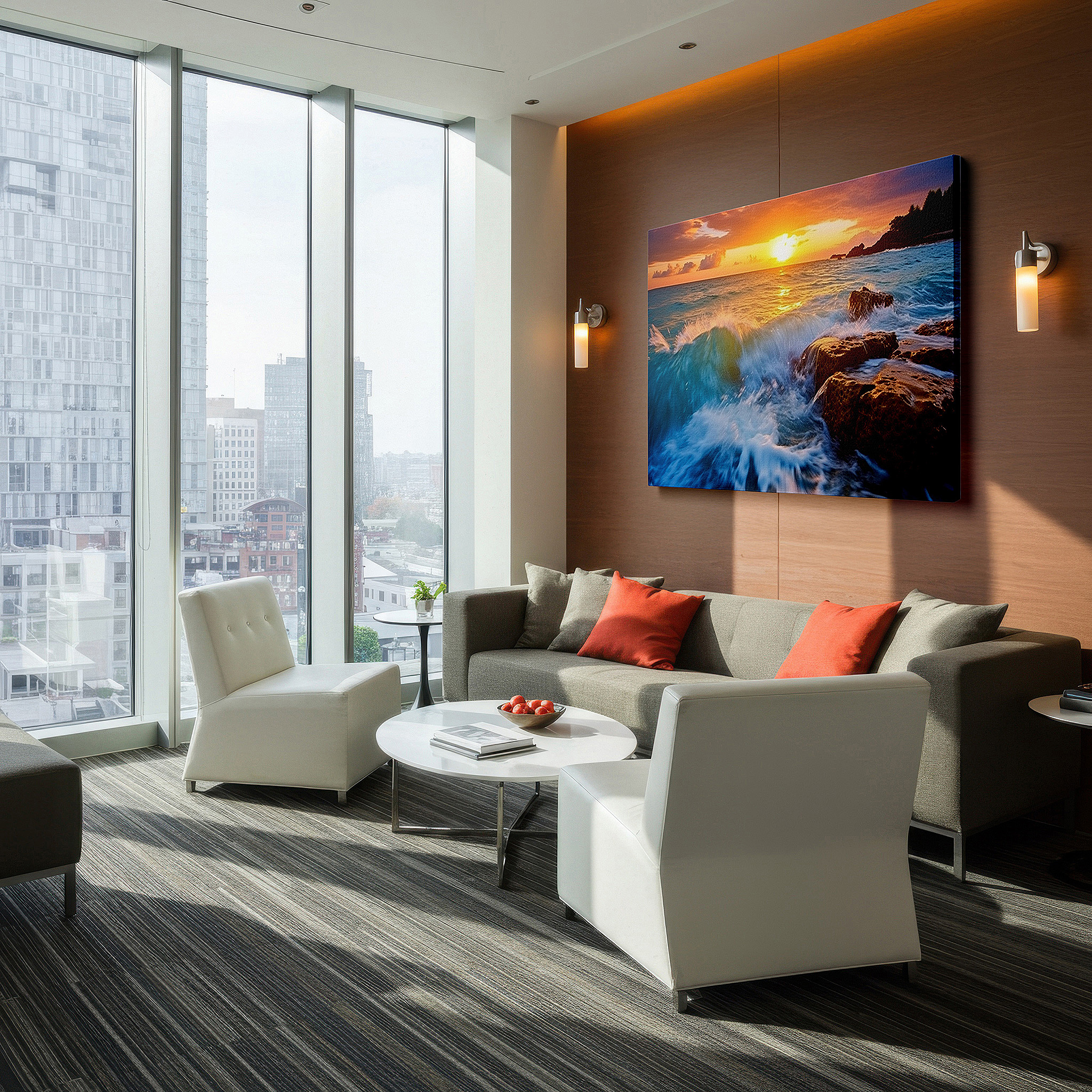 Bold and expansive at 90×60 cm — ideal for making a statement above large furniture — sunset over the ocean: a striking blend of orange and blue on the horizon - large canvas wall art for office and bedroom decor