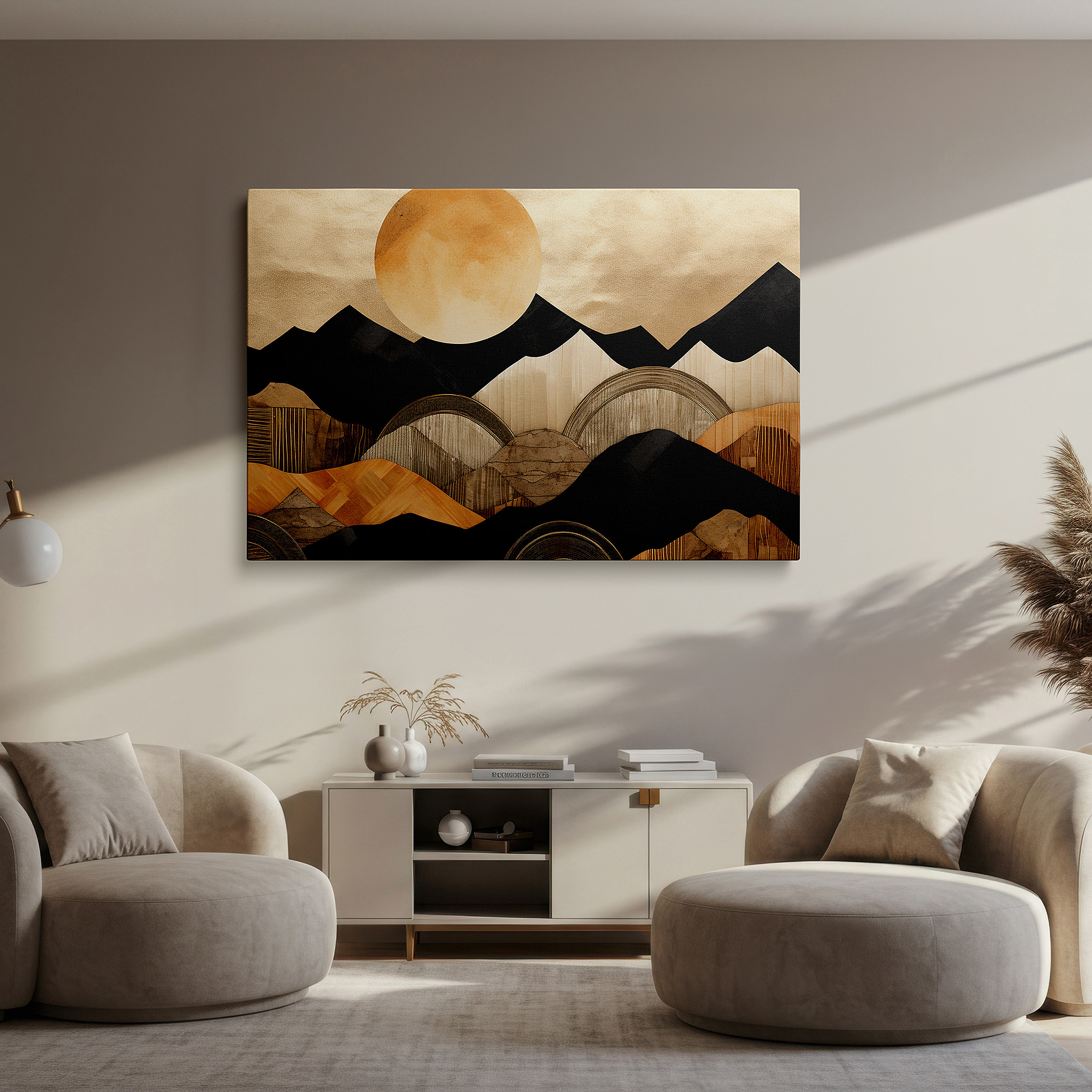 Bold and expansive at 90×60 cm — ideal for making a statement above large furniture — textured mountains and radiant sun in warm tones, symbolizing hope and creativity, large wall art, canvas wall art, wall decor for office
