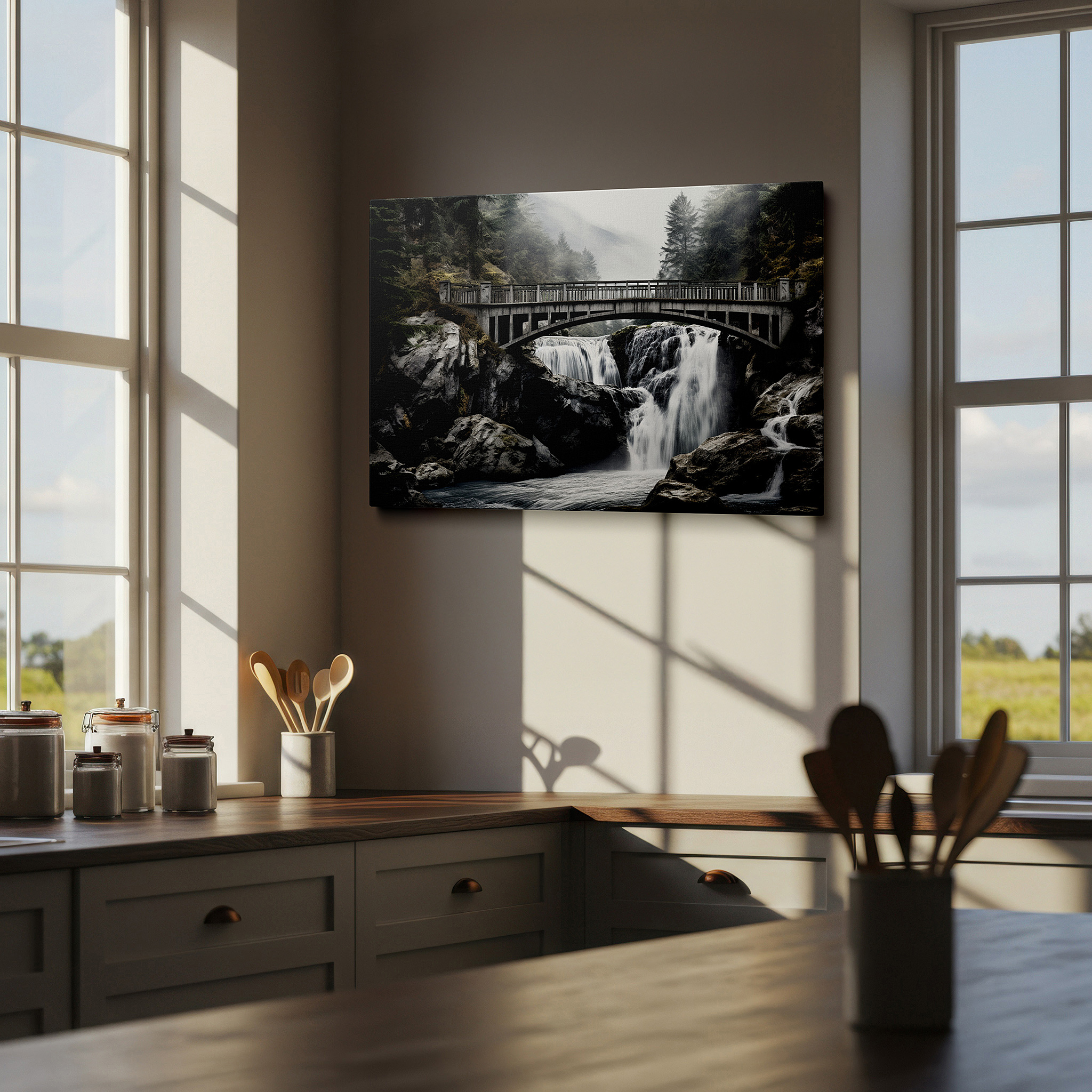 Bold and expansive at 90×60 cm — ideal for making a statement above large furniture — timeless bridge and waterfall canvas print - enchanted forest scene for home and office decor, large wall art for living room and bedroom
