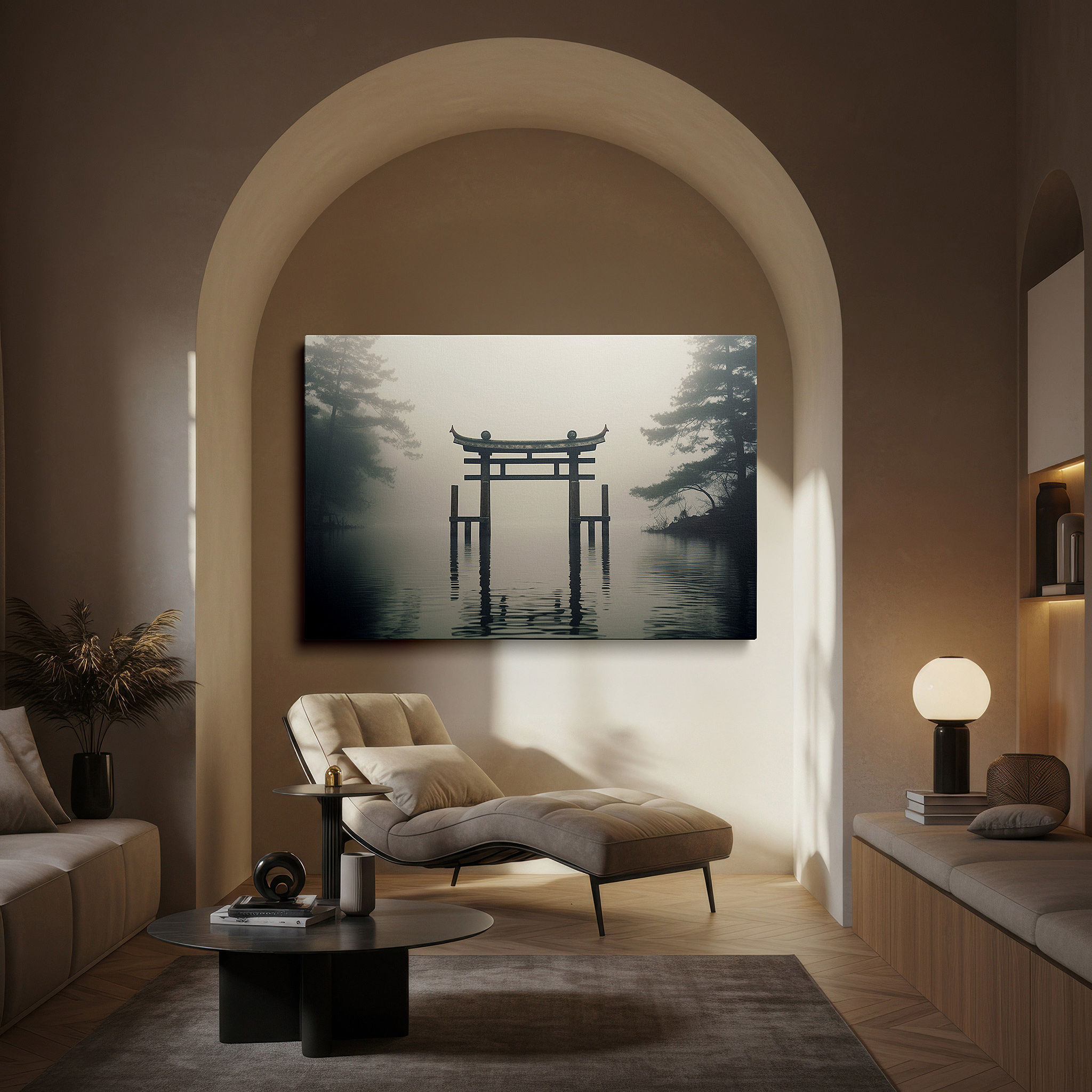 Bold and expansive at 90×60 cm — ideal for making a statement above large furniture — torii gate in misty waters wall art: symbolizing tranquility and sacred transition - large canvas for home or office decor