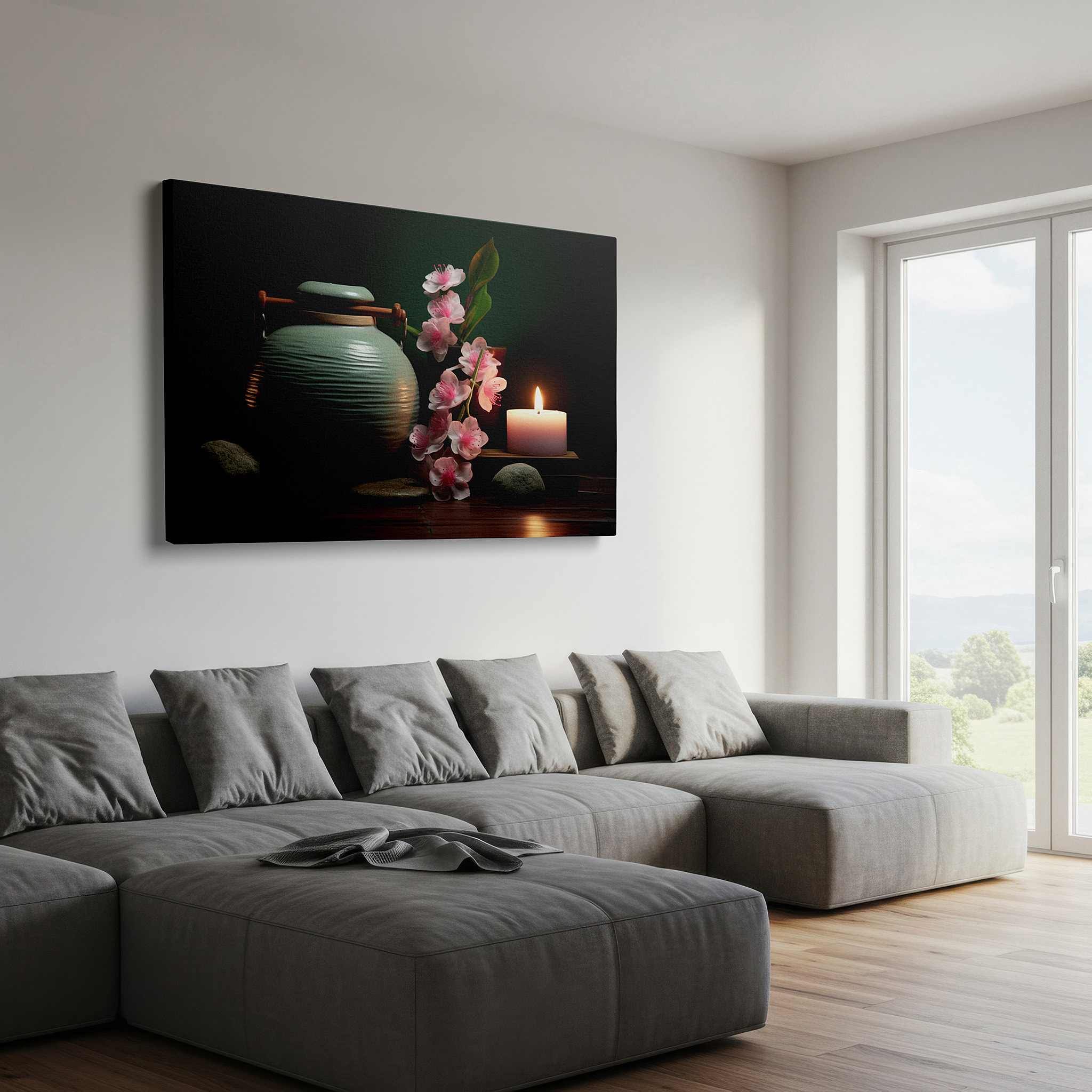 Bold and expansive at 90×60 cm — ideal for making a statement above large furniture — tranquil green vase and pink blooms with candle glow: large canvas wall art for office, bedroom, and living room decor