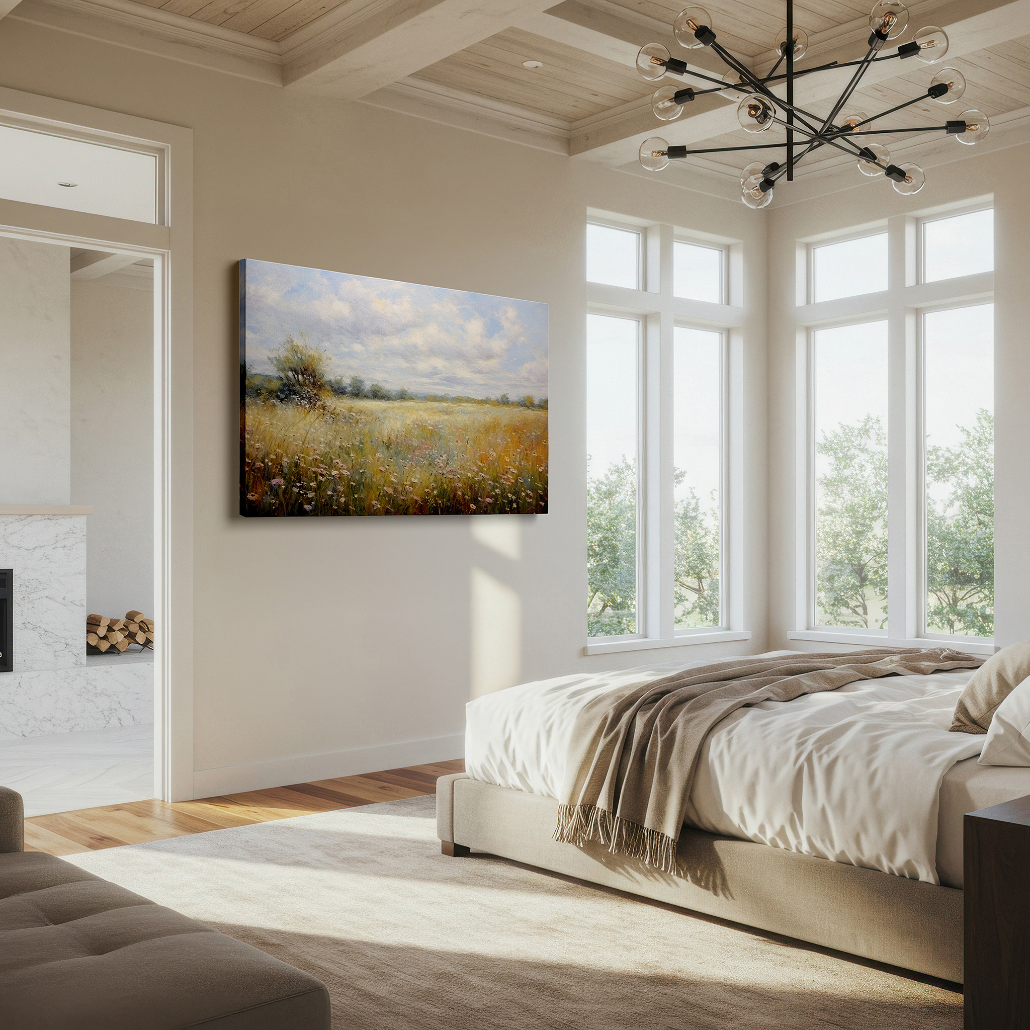 Bold and expansive at 90×60 cm — ideal for making a statement above large furniture — tranquil meadow with vibrant wildflowers bathed in sunlight large wall art, canvas wall art, wall decor for office, bedroom, and living room