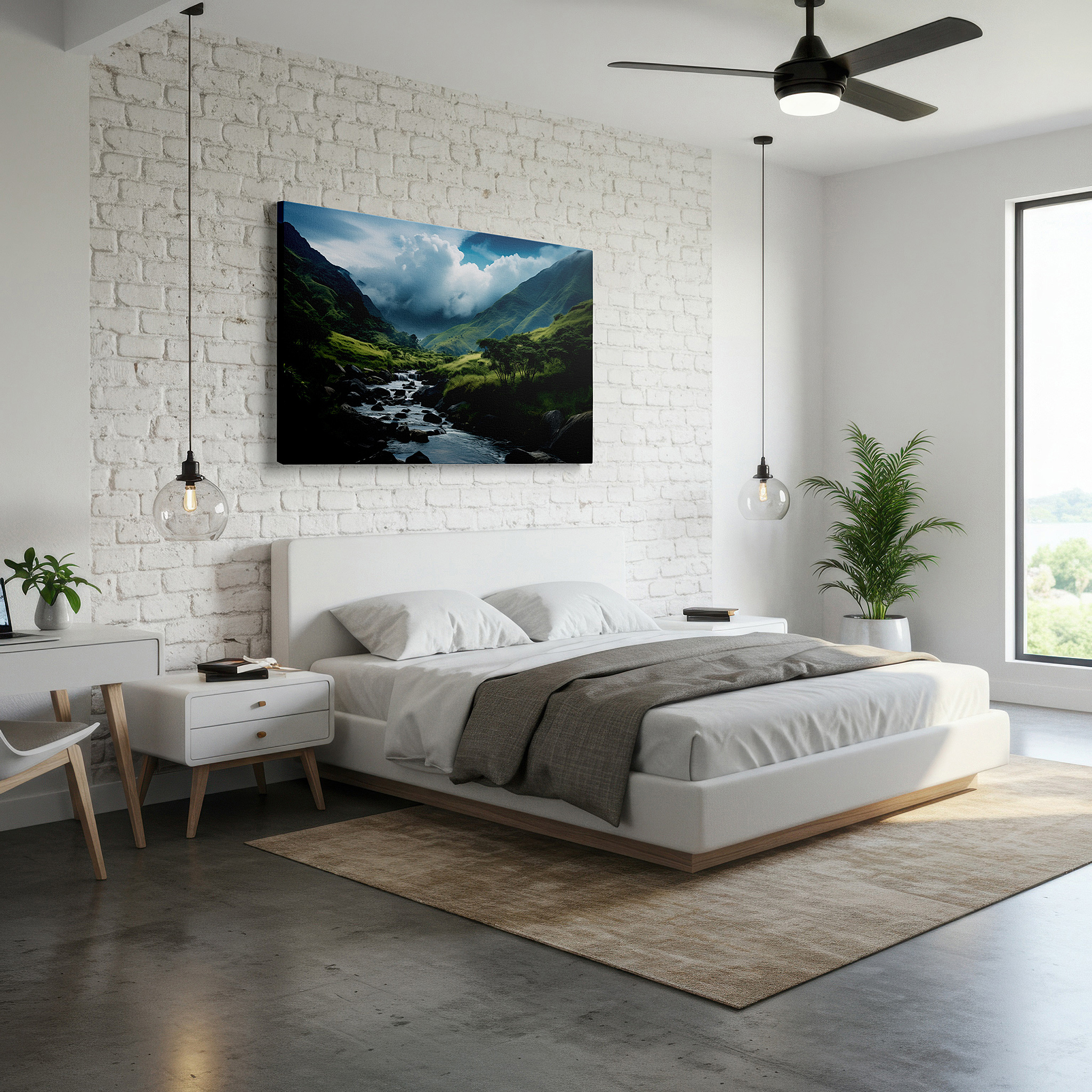 Bold and expansive at 90×60 cm — ideal for making a statement above large furniture — tranquil valley and majestic mountains with vibrant river flow large wall art, canvas wall art, wall decor for office, bedroom, and living room