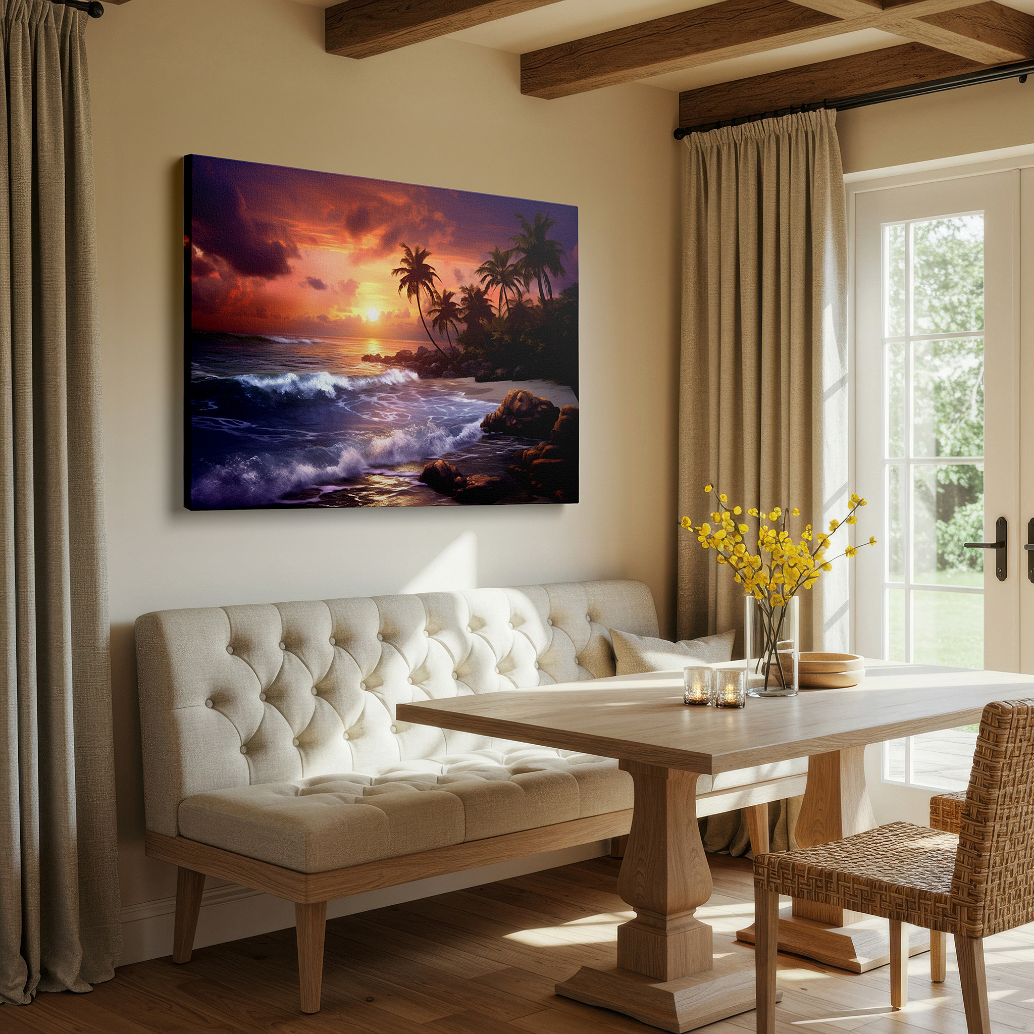 Bold and expansive at 90×60 cm — ideal for making a statement above large furniture — tropical beach sunset serenity large wall art featuring vibrant oranges and calming purples, perfect for office or bedroom decor