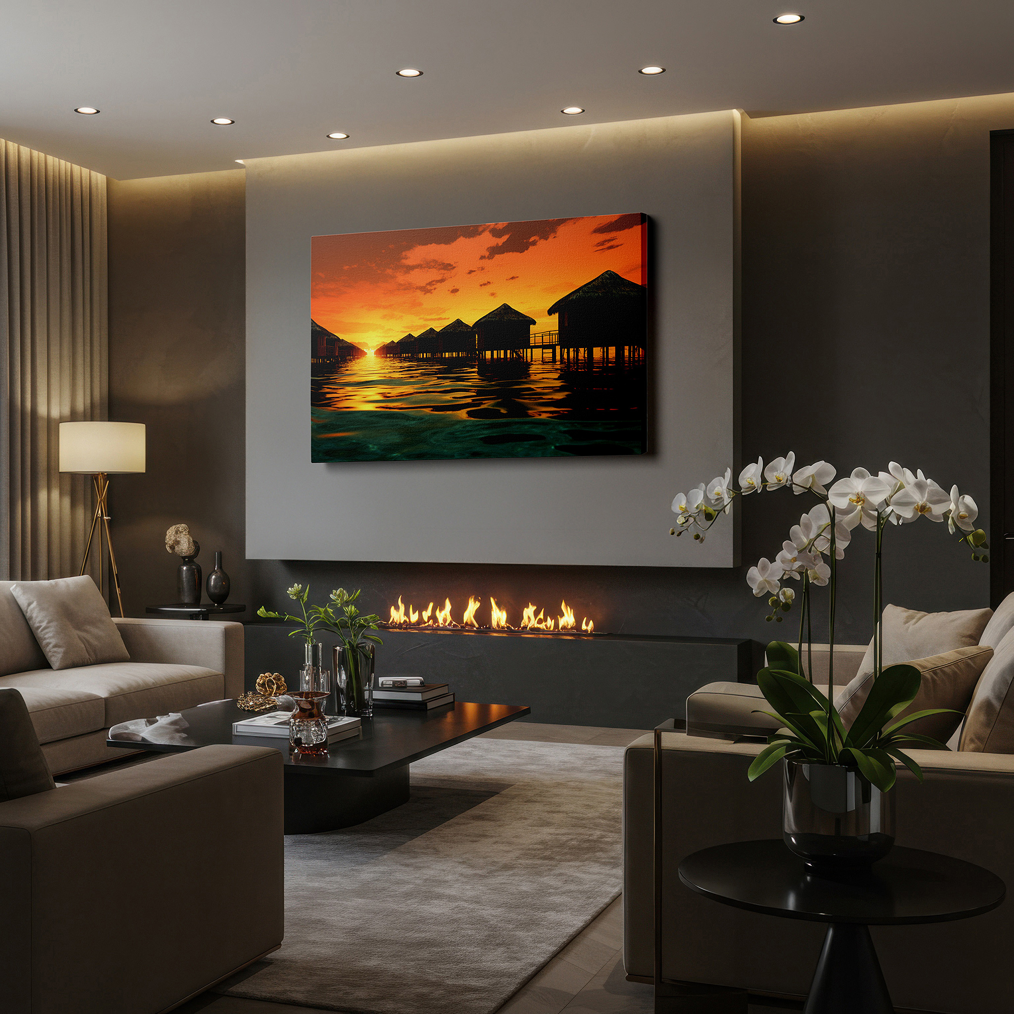 Bold and expansive at 90×60 cm — ideal for making a statement above large furniture — tropical paradise golden hour tranquility with overwater bungalows large wall art, canvas wall decor for office and bedroom