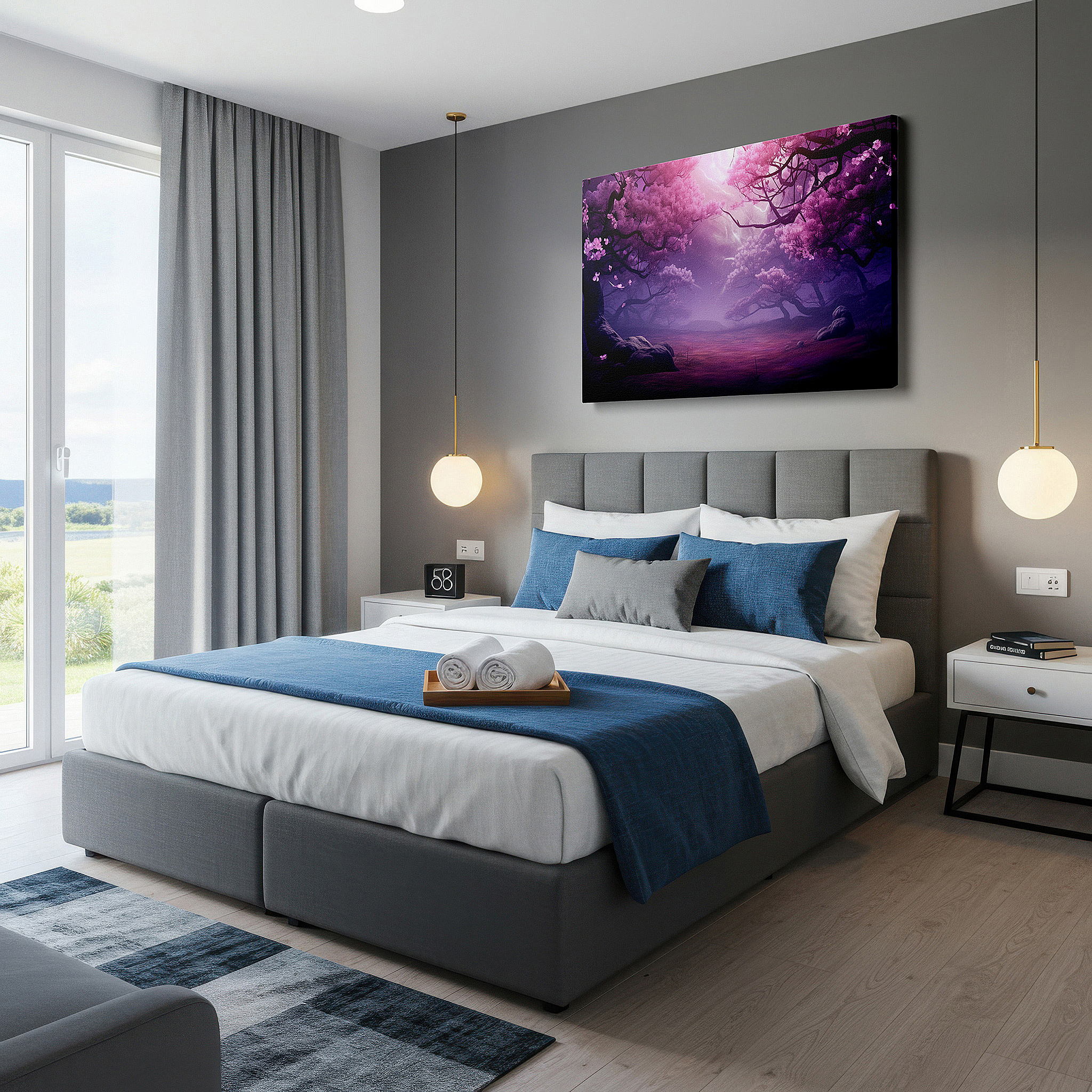 Bold and expansive at 90×60 cm — ideal for making a statement above large furniture — twilight enchanted cherry blossom forest, ethereal luminous large wall art, canvas wall decor for office and bedroom
