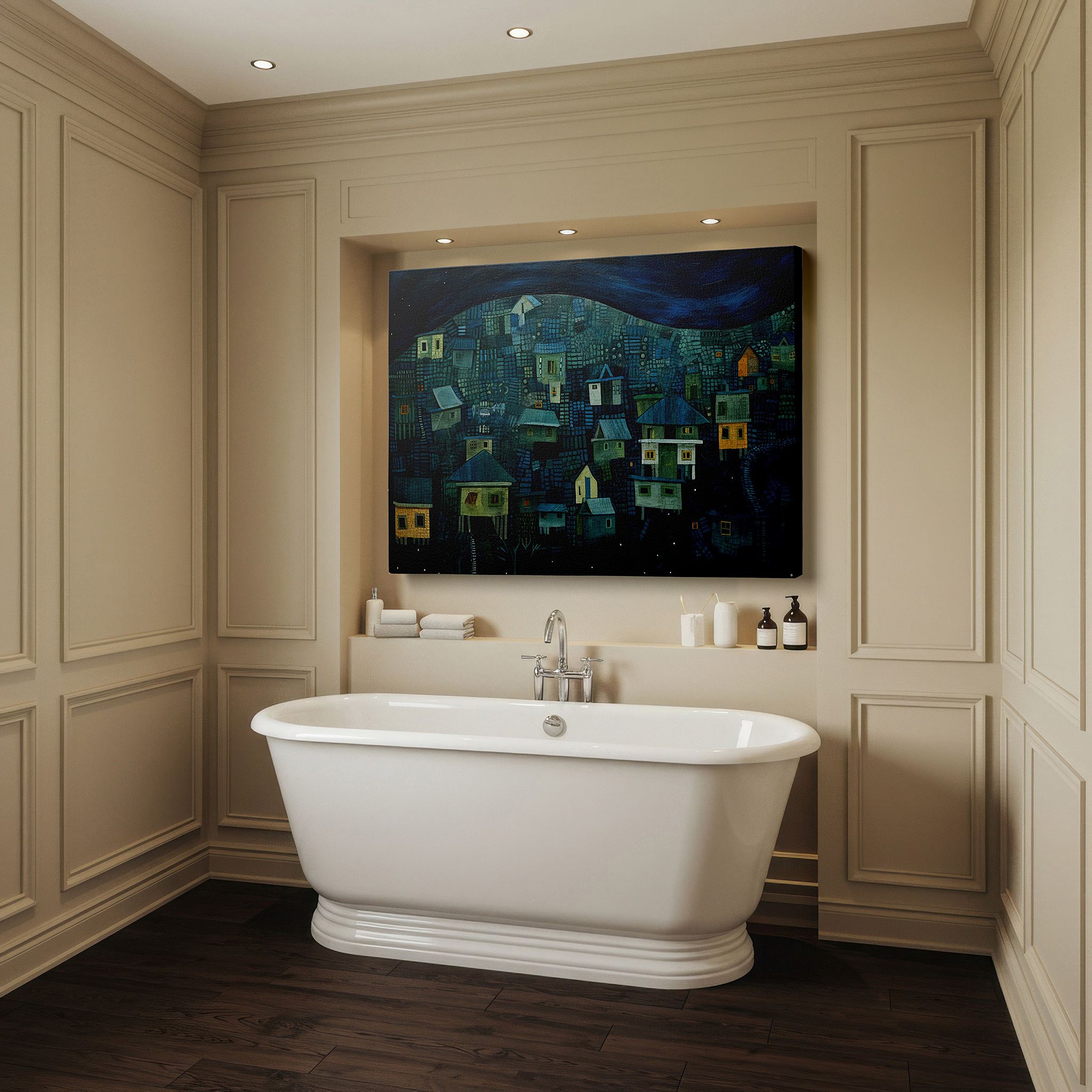 Bold and expansive at 90×60 cm — ideal for making a statement above large furniture — twilight glow over enchanted village - serene nightscape with vibrant houses and starry skies, large canvas wall art for home and office decor