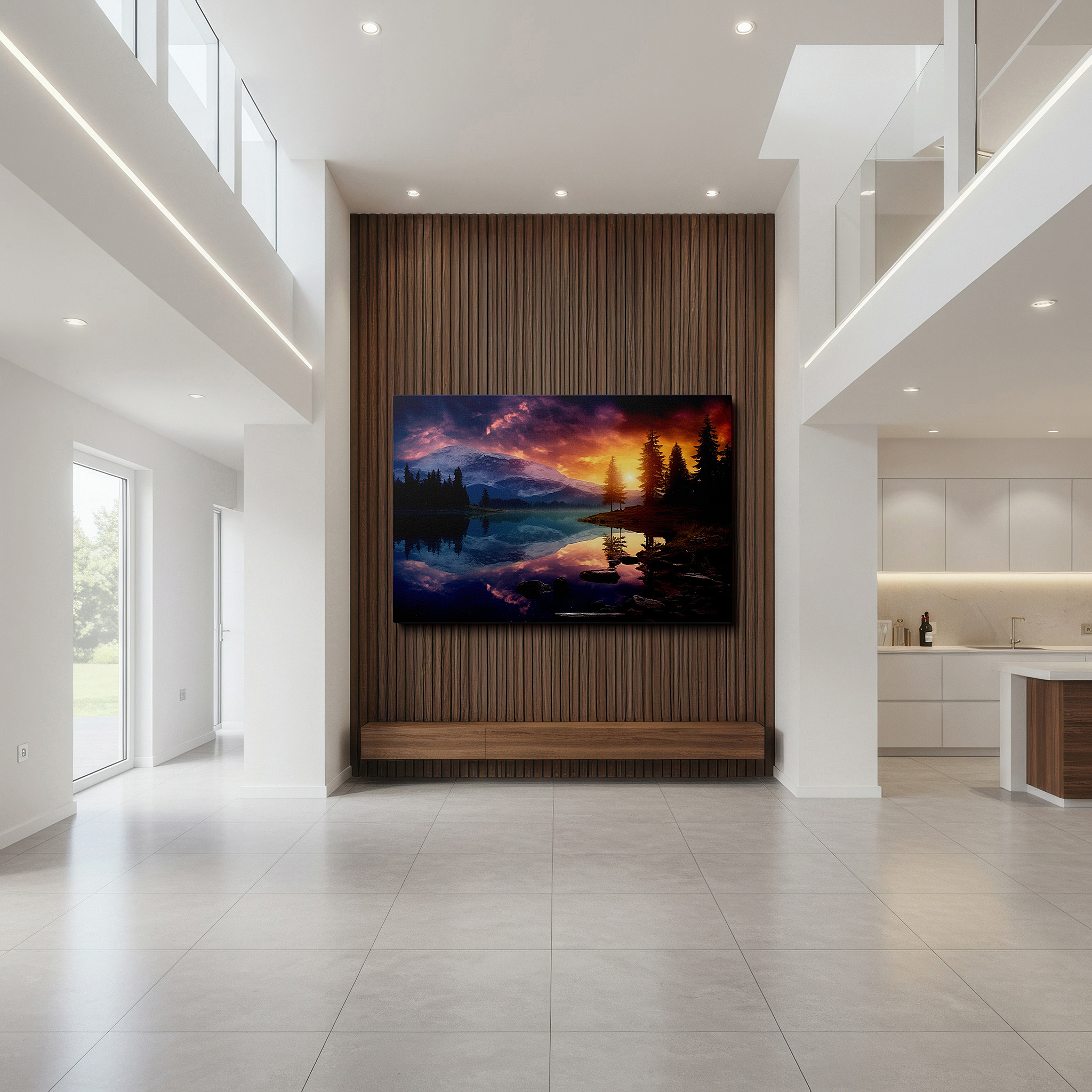 Bold and expansive at 90×60 cm — ideal for making a statement above large furniture — twilight tapestry wall art featuring serene lake reflections, majestic trees, and vibrant orange and purple hues - large canvas wall art