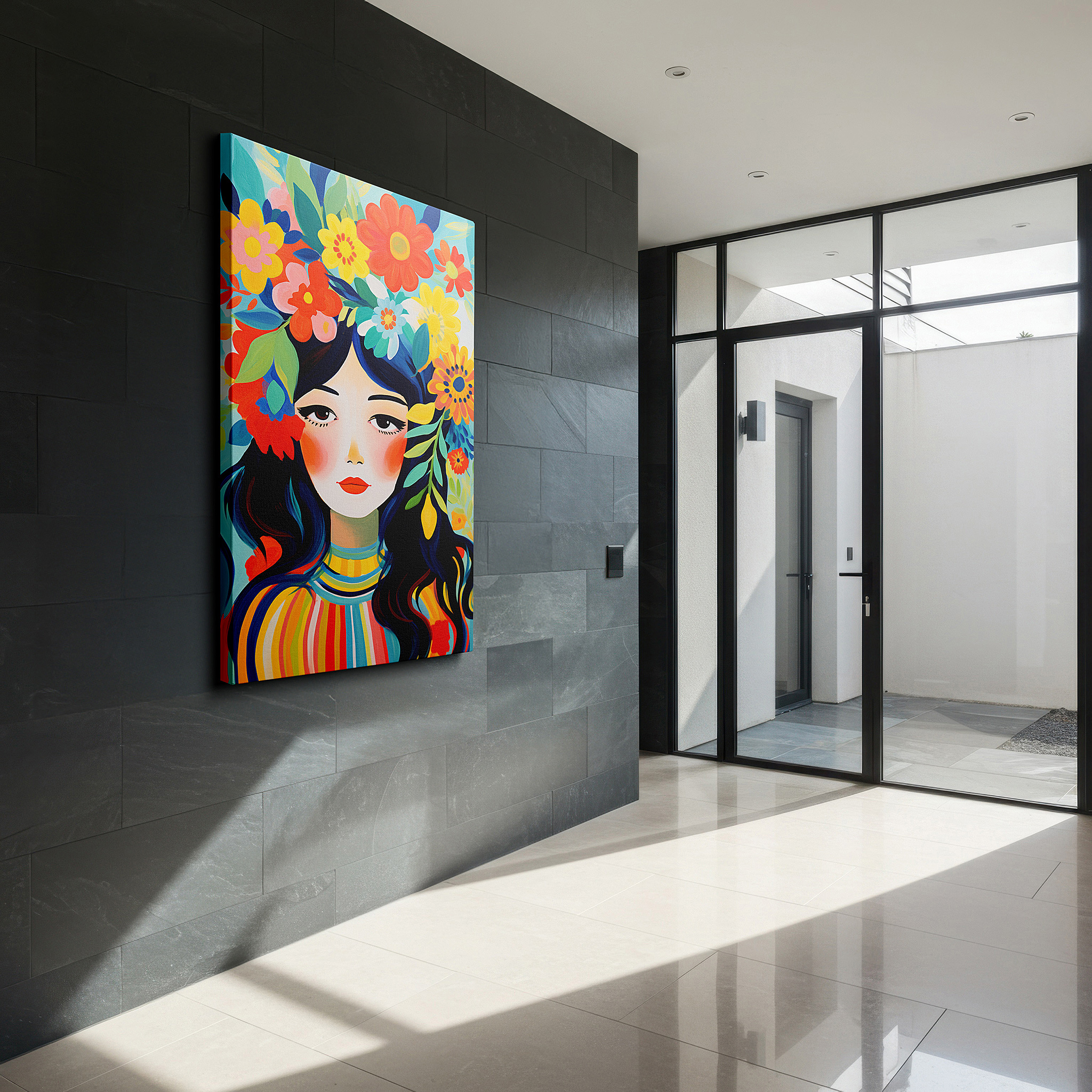 Bold and expansive at 90×60 cm — ideal for making a statement above large furniture — vibrant nature crowned woman: a tribute to femininity and floral grandeur - large wall art, canvas wall art, wall decor, office wall art