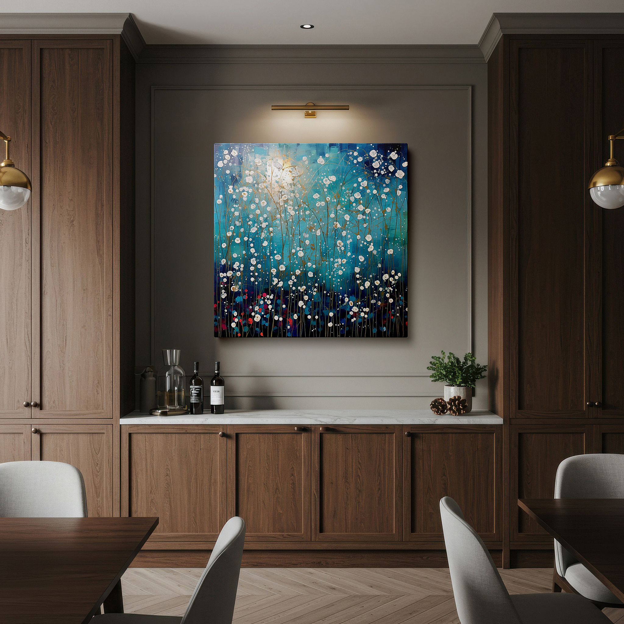 Bold and expansive at 90×60 cm — ideal for making a statement above large furniture — vibrant night garden: celestial blooms and abstract florals in large wall art, canvas wall art, wall decor for office and bedroom