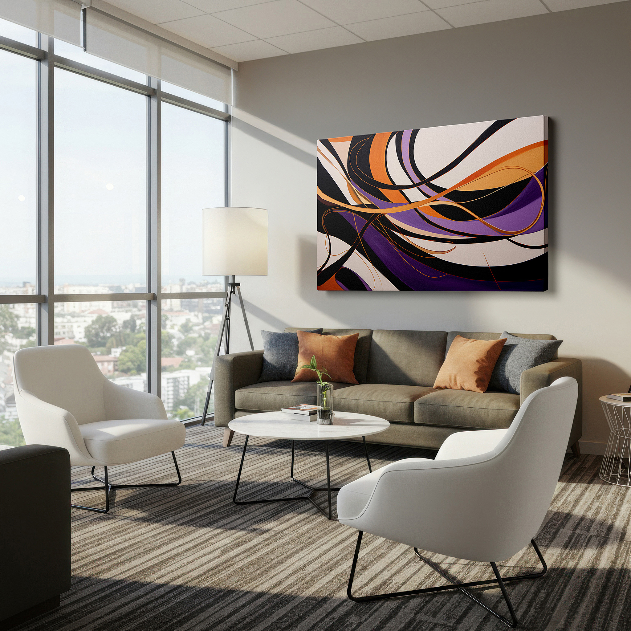 Bold and expansive at 90×60 cm — ideal for making a statement above large furniture — vibrant symphony of curved lines in orange, purple, and black - large canvas wall art for office, living room, and bedroom decor