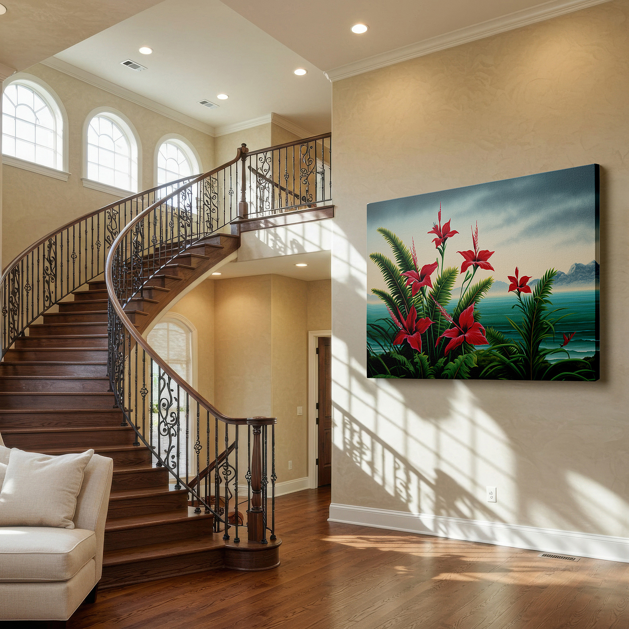 Bold and expansive at 90×60 cm — ideal for making a statement above large furniture — vibrant tropical paradise wall art featuring red hibiscus and lush greenery, perfect for office or bedroom decor