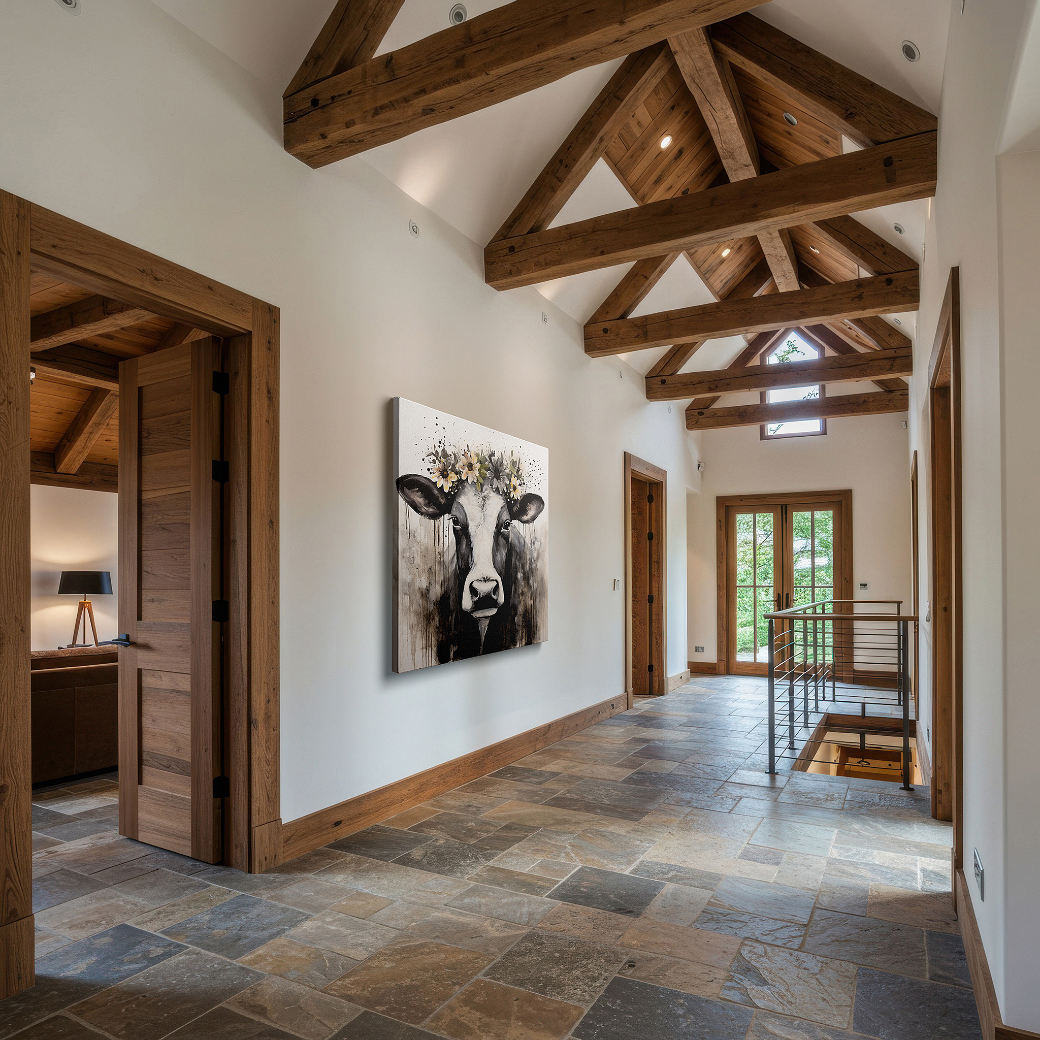 Bold and expansive at 90×60 cm — ideal for making a statement above large furniture — wall art: black and white cow with floral crown - a serene and playful masterpiece for large spaces, canvas wall art for office and bedroom decor