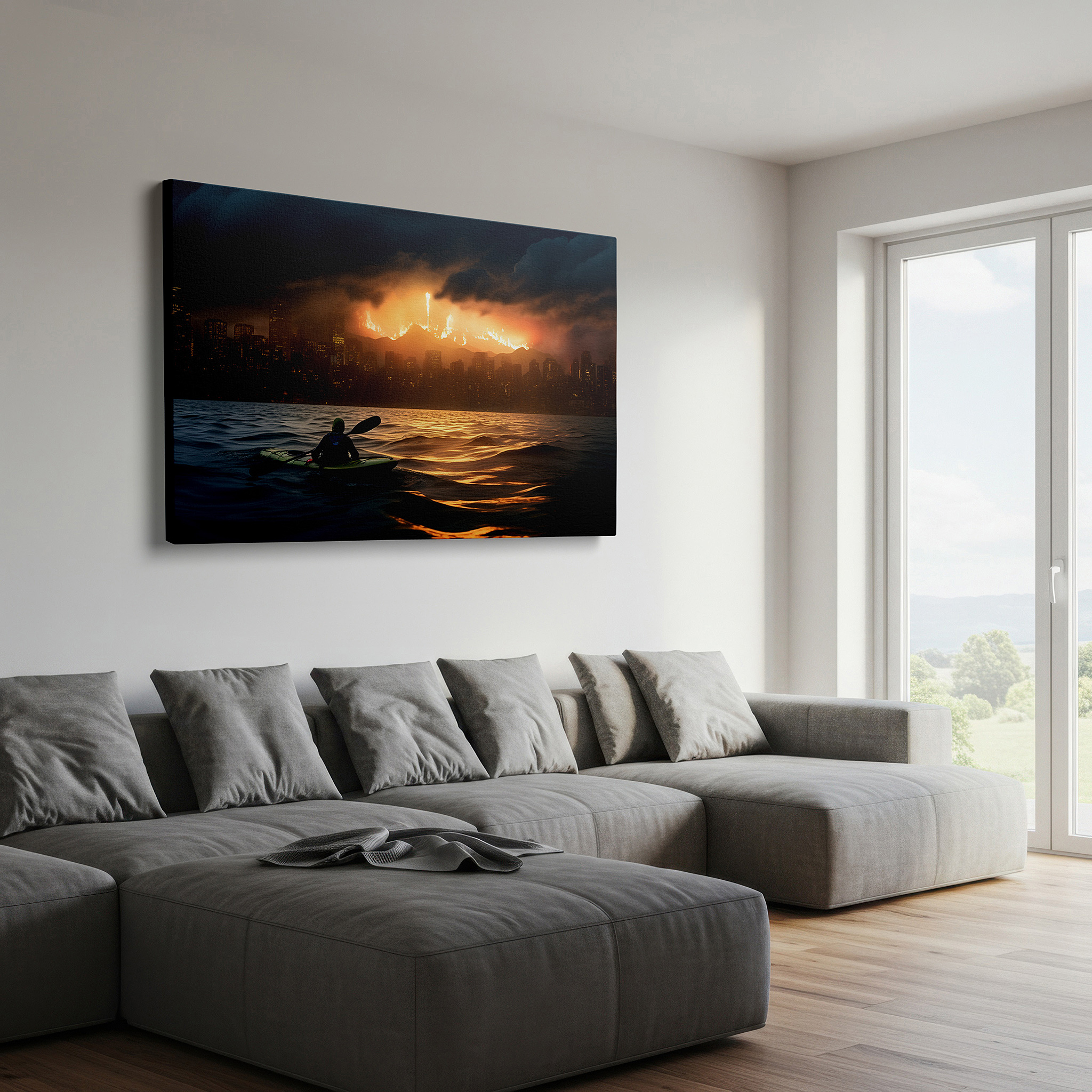 Bold and expansive at 90×60 cm — ideal for making a statement above large furniture — wall art: "kayaker's calm in the storm - city ablaze" - where nature's tranquility clashes with urban chaos, large canvas wall art for home and office decor