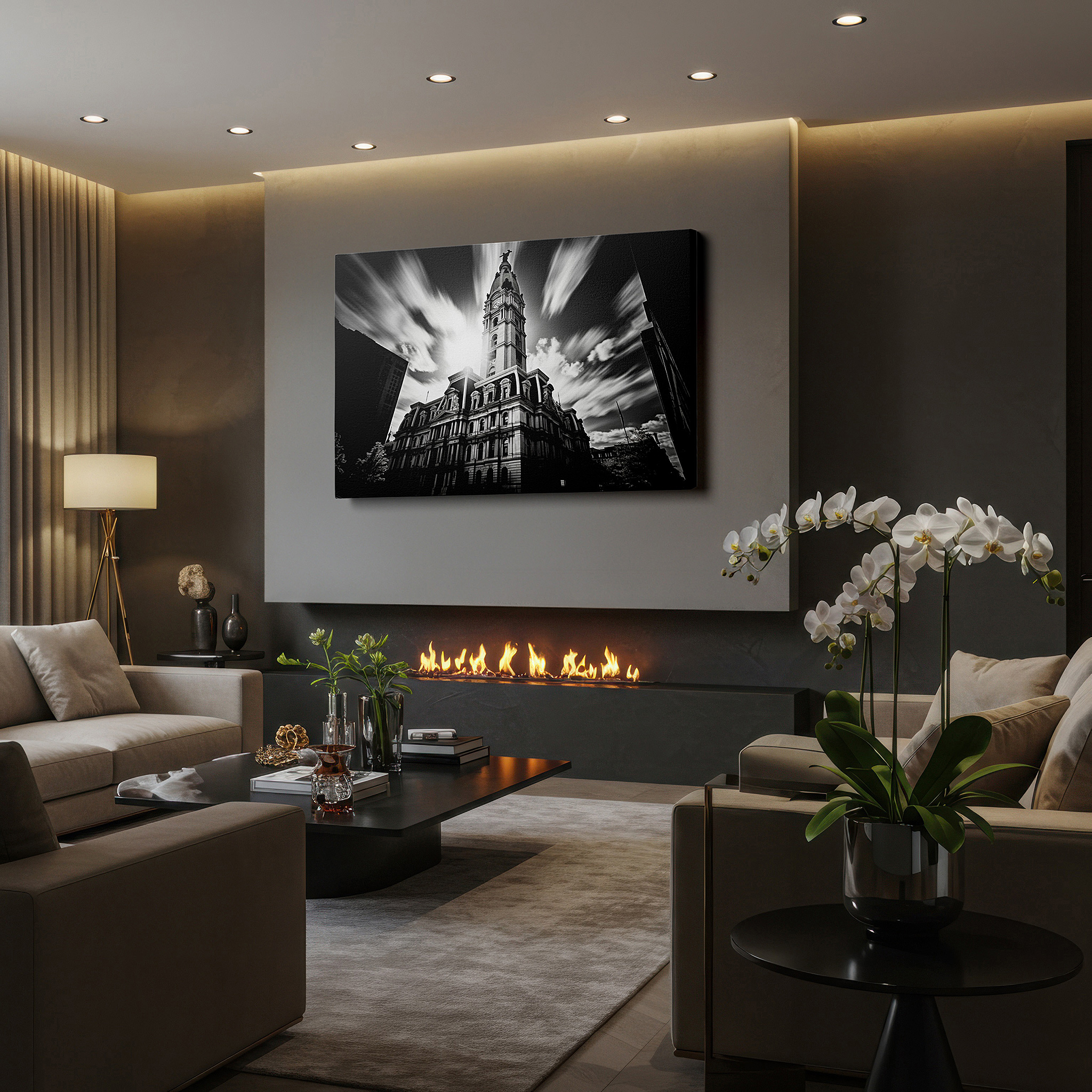 Bold and expansive at 90×60 cm — ideal for making a statement above large furniture — wall art: majestic tower in golden sunlight against stormy skies - large canvas for office, living room, or bedroom decor