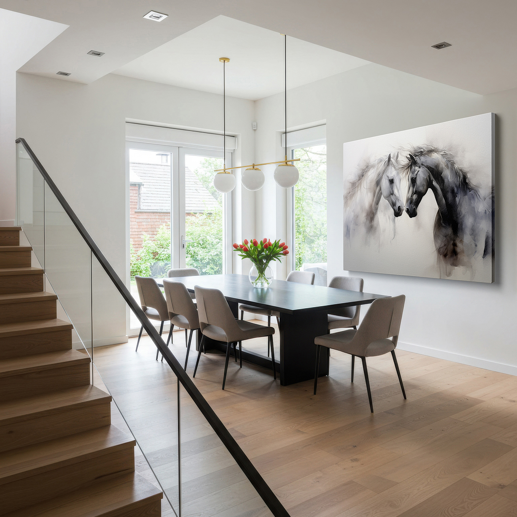 Bold and expansive at 90×60 cm — ideal for making a statement above large furniture — wall art: serene moments of majestic horses in soft abstract - large canvas art featuring companionship and serenity in muted earth tones