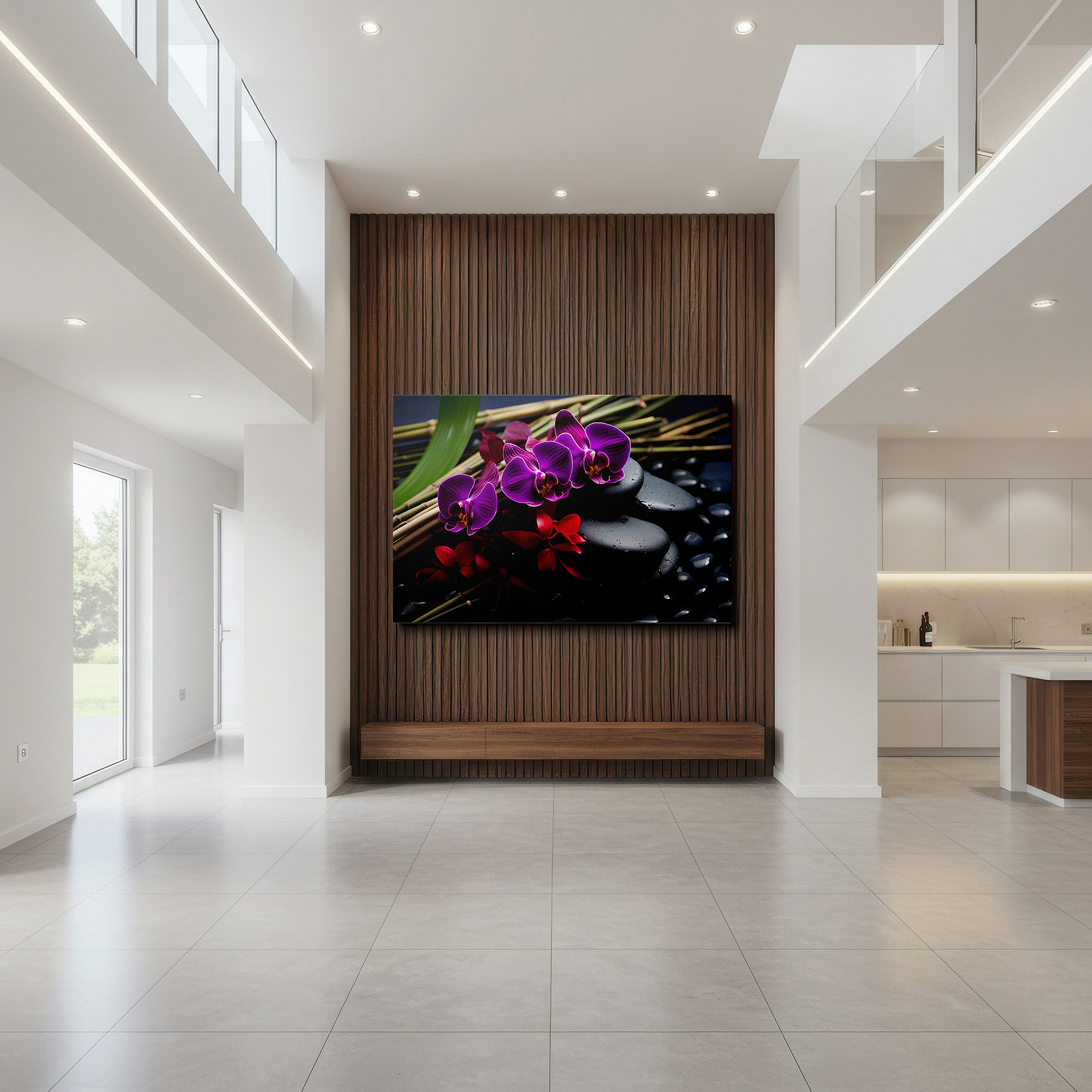 Bold and expansive at 90×60 cm — ideal for making a statement above large furniture — wall art: serene nature scene featuring purple orchids, smooth stones, and slender bamboo - large canvas wall art for office decor