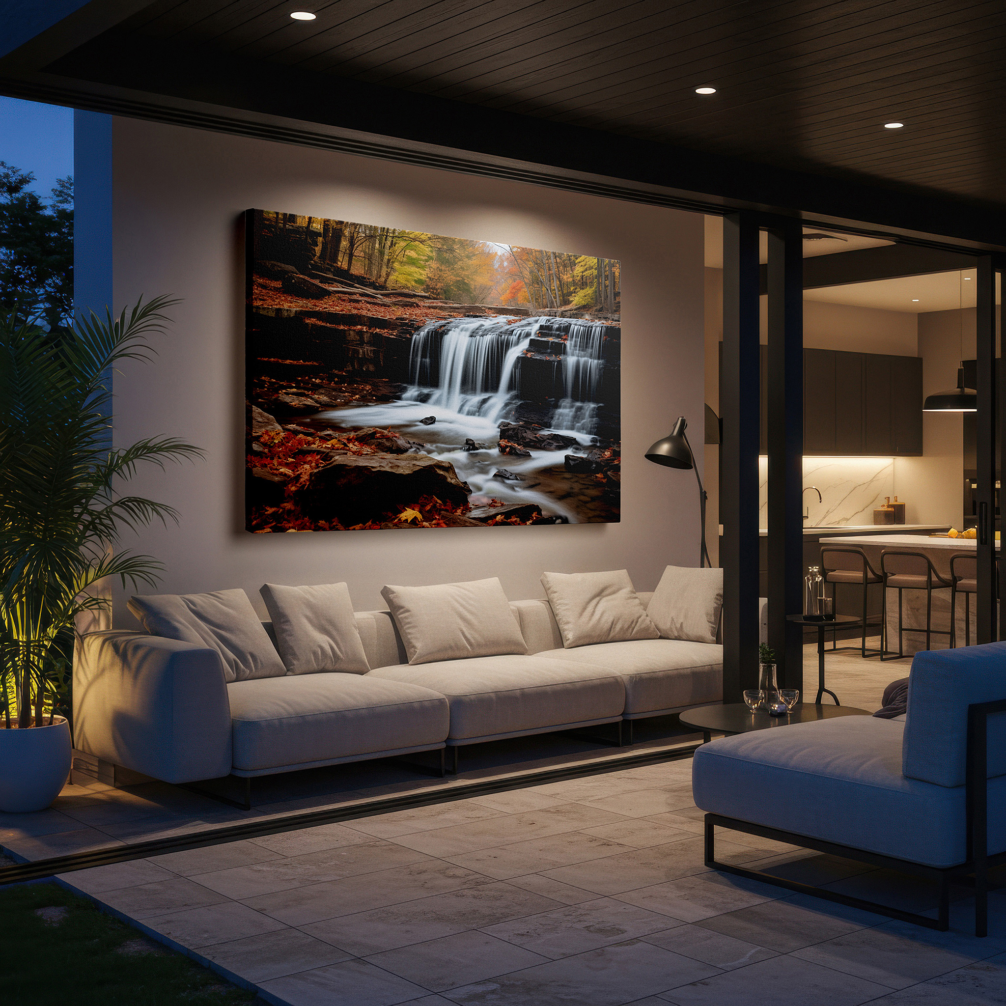 Bold and expansive at 90×60 cm — ideal for making a statement above large furniture — wall art: serene waterfall and autumn foliage - a peaceful forest retreat for reflection and renewal, large canvas wall art decor