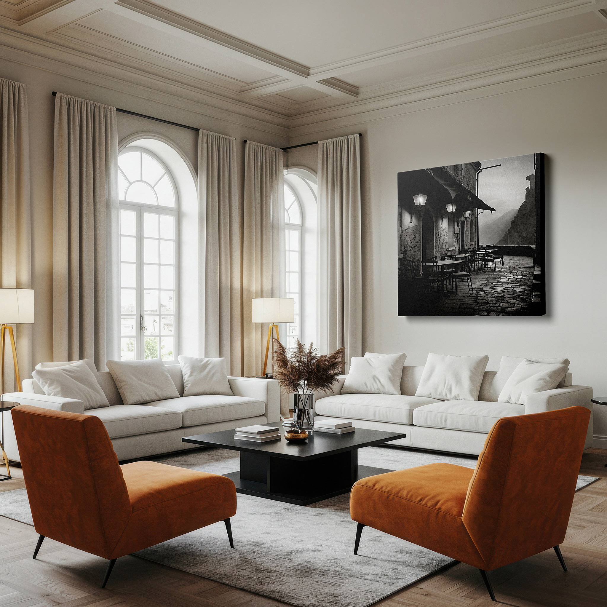 Bold and expansive at 90×60 cm — ideal for making a statement above large furniture — wall decor: peaceful cobblestone alley adorned with lanterns - timeless black-and-white photo for calm environments, large canvas art, office wall decor