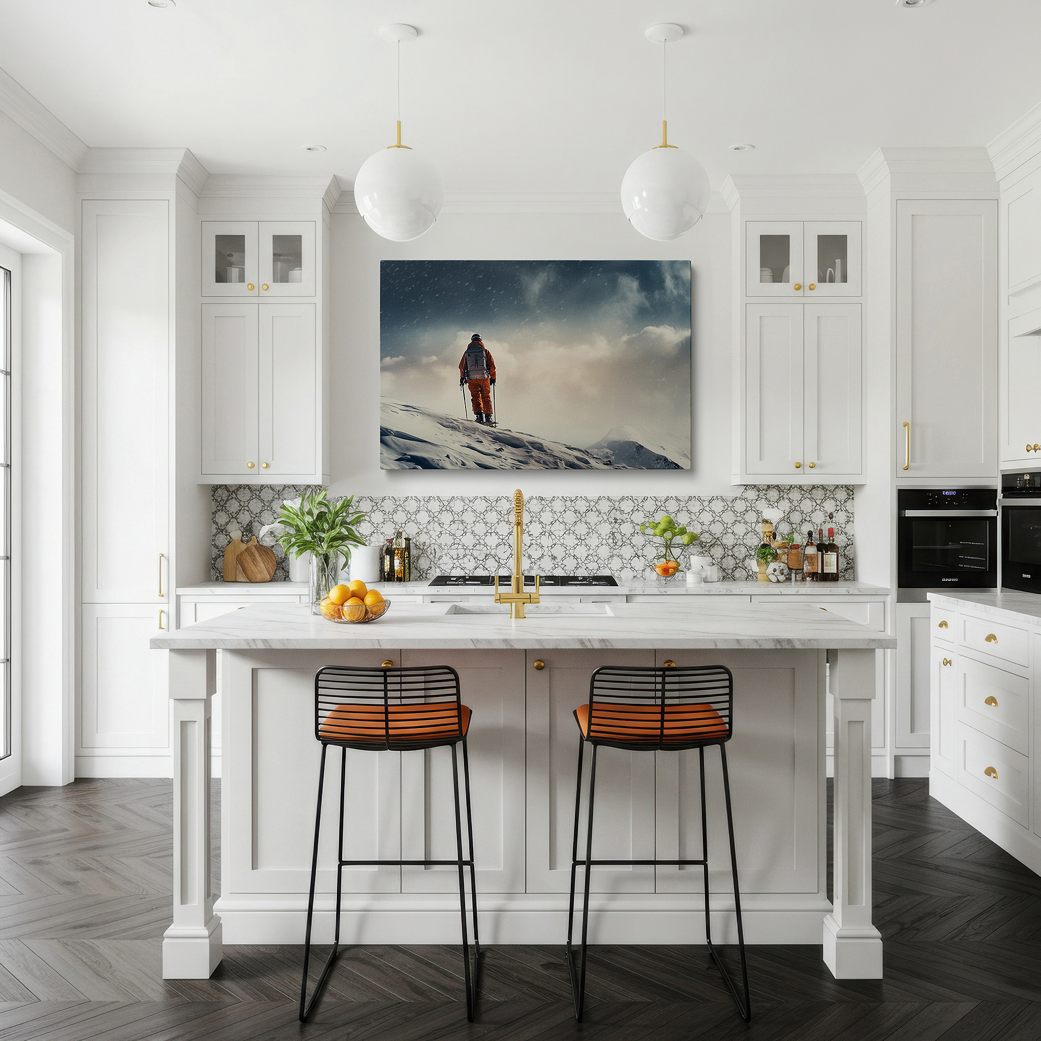 Bold and expansive at 90×60 cm — ideal for making a statement above large furniture — wall decor: the solo traveler's brave trek across snow-covered peaks - large canvas art for home and office