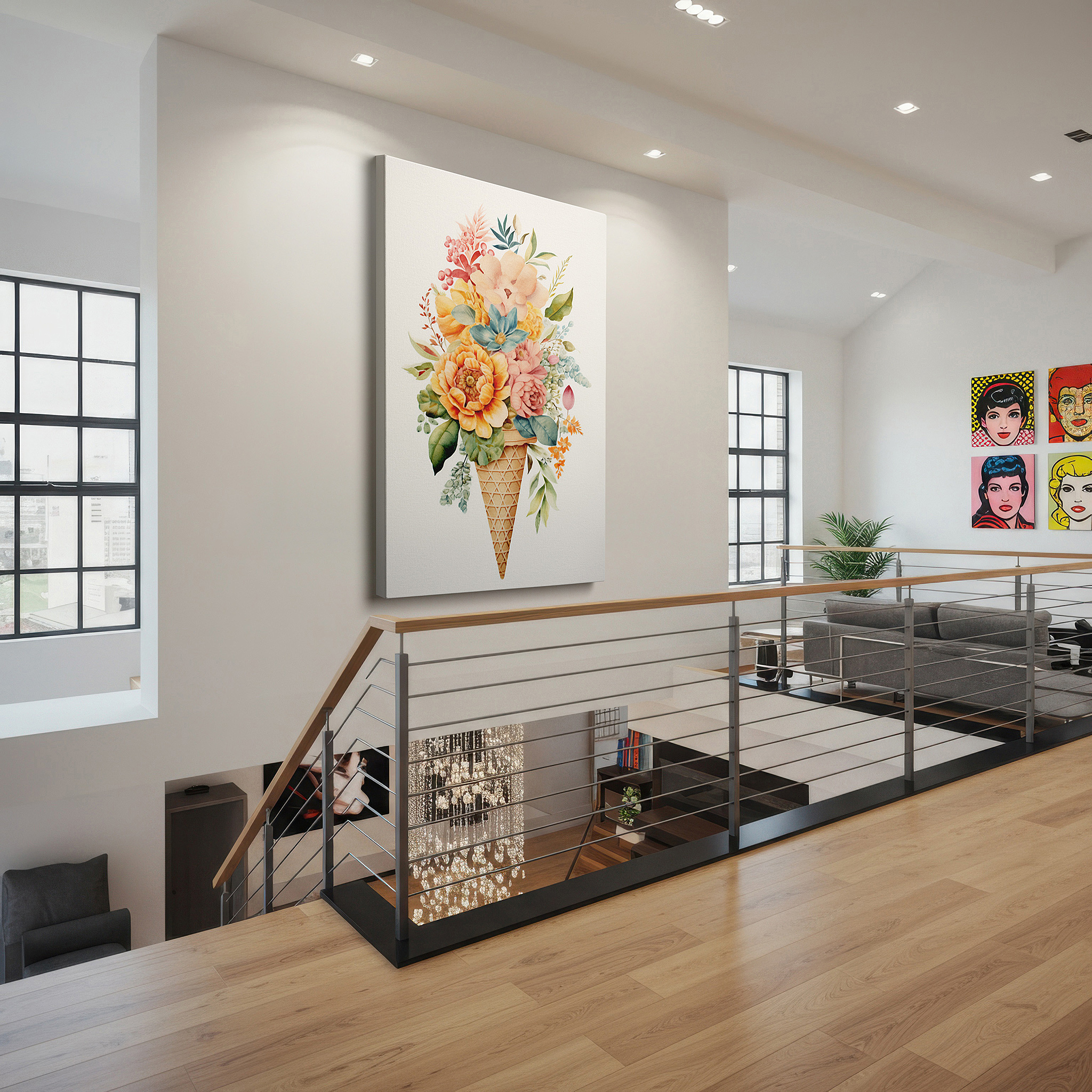 Bold and expansive at 90×60 cm — ideal for making a statement above large furniture — whimsical ice cream cone canvas wall art featuring a vibrant floral array, perfect for office, bedroom, or home decor