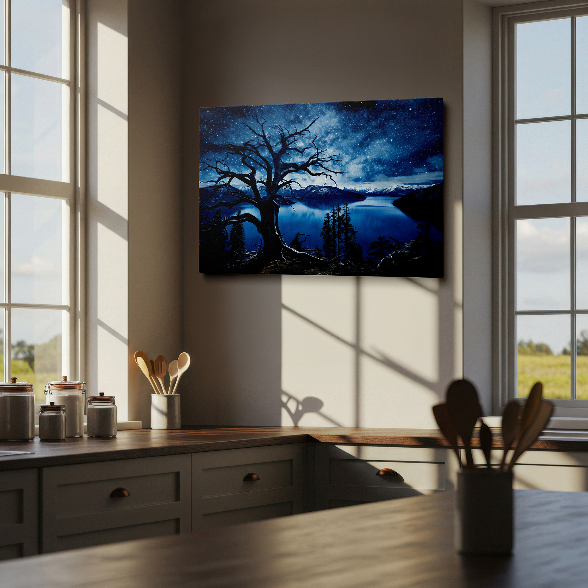 Close-up shows rich pigment, color blending, and brushwork texture — ancient tree silhouette against a starry sky with tranquil lake reflection large wall art, canvas wall art, wall decor