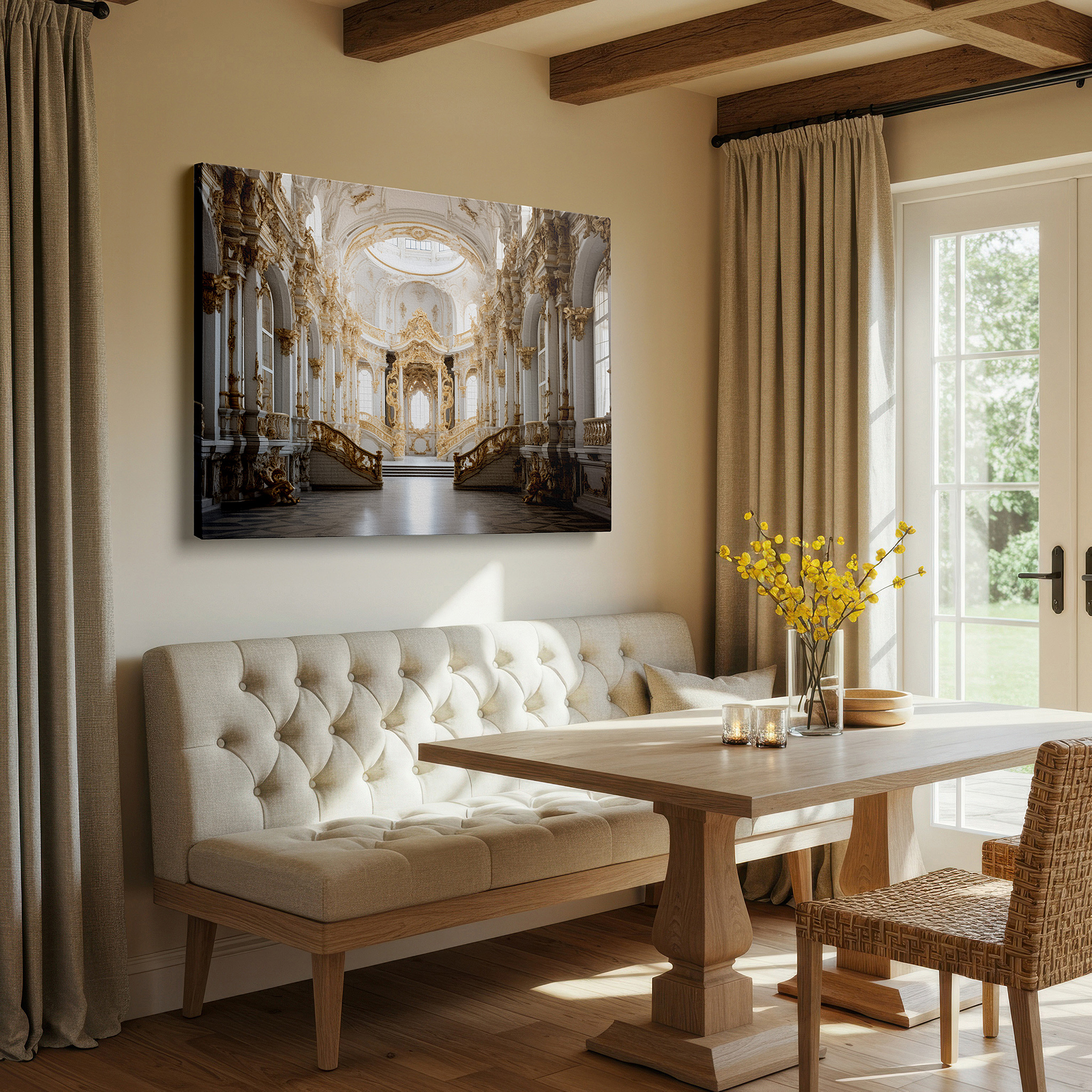 Close-up shows rich pigment, color blending, and brushwork texture — baroque splendor: timeless elegance in light and shadow with golden accents - large canvas wall art for office and bedroom decor