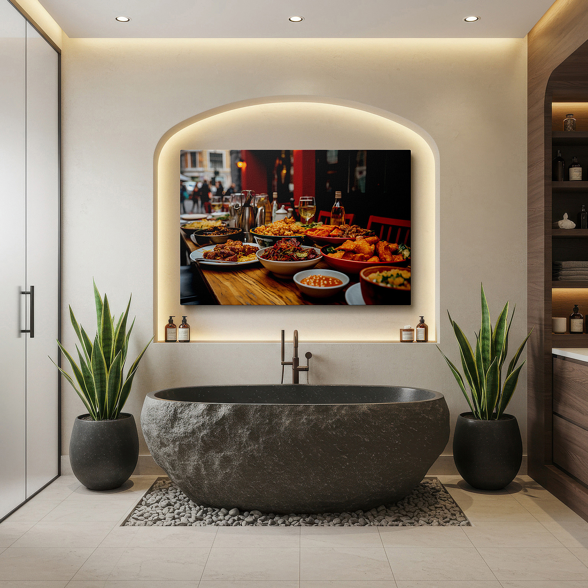 Close-up shows rich pigment, color blending, and brushwork texture — a celebration of chinese cuisine: dynamic and engaging dining atmosphere with large wall art, canvas pieces, and decor for offices and bedrooms