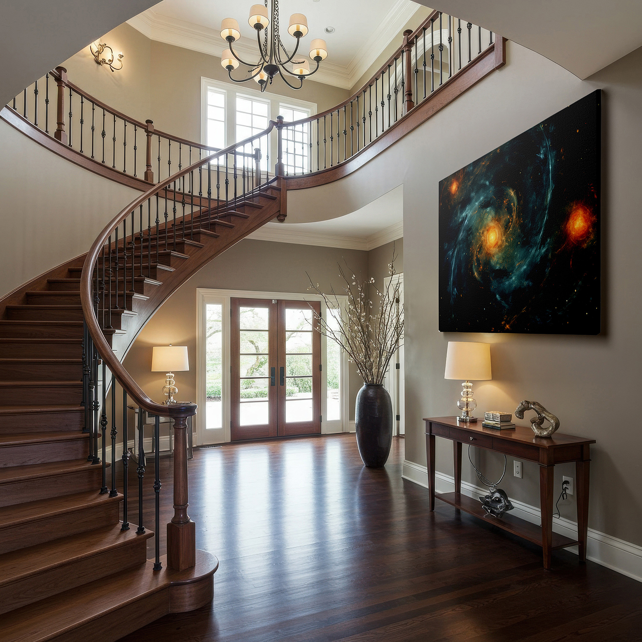 Close-up shows rich pigment, color blending, and brushwork texture — celestial masterpiece featuring galaxies and cosmic energy, large canvas wall art for office and bedroom decor