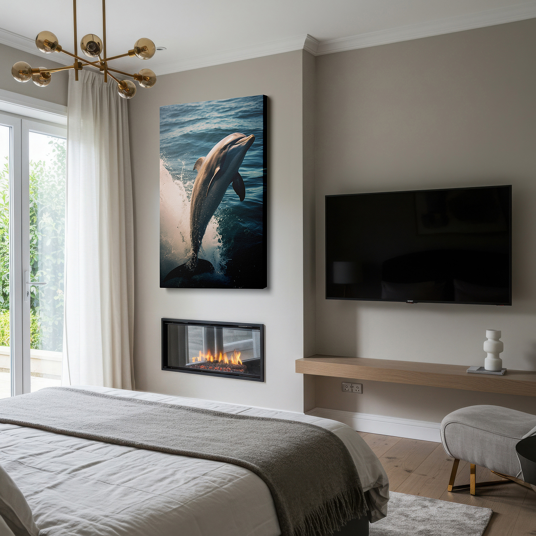 Close-up shows rich pigment, color blending, and brushwork texture — dolphin's joyful leap into sparkling waters: large wall art, canvas wall art, wall art decor for office and bedroom