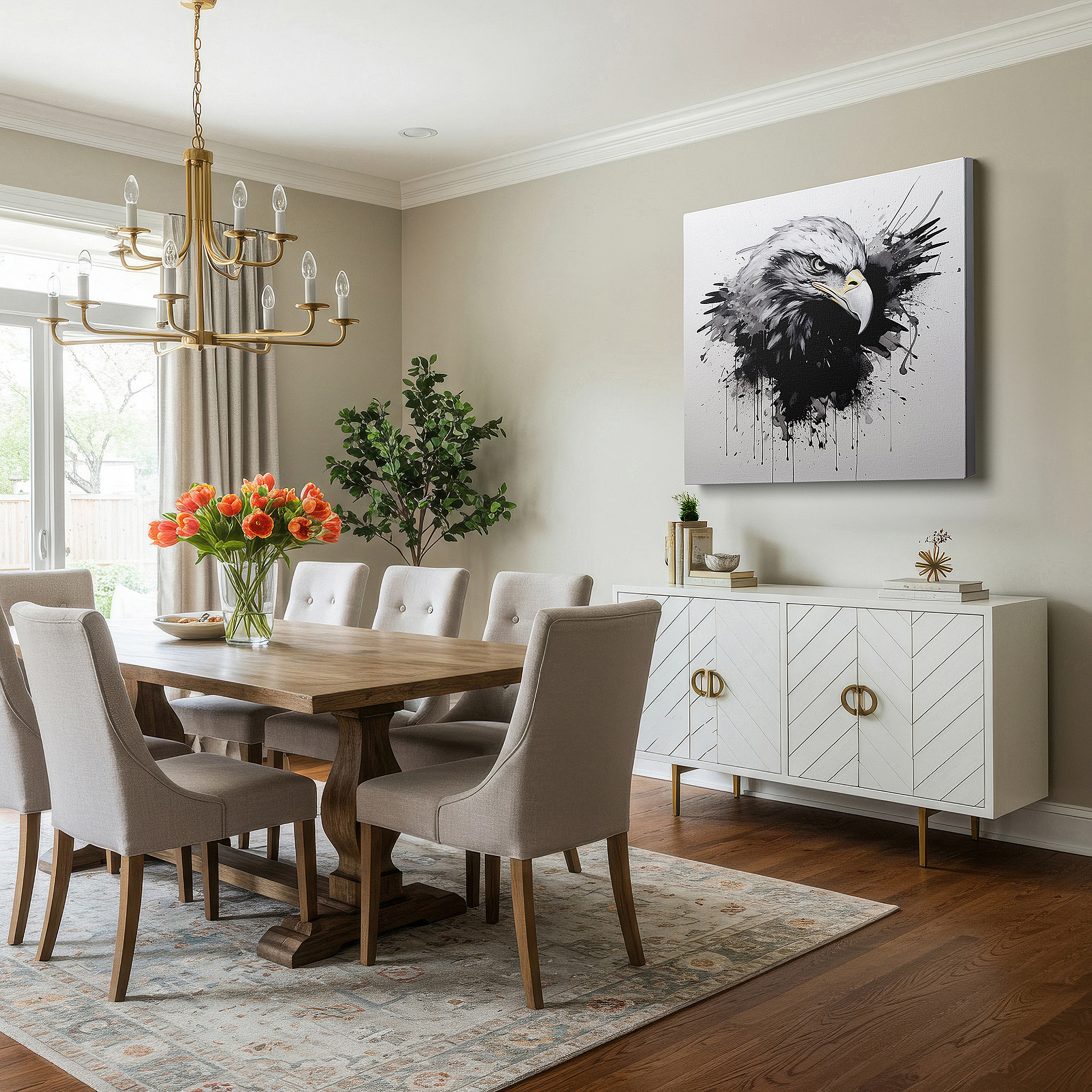 Close-up shows rich pigment, color blending, and brushwork texture — dynamic black and gray eagle in flight wall art, large canvas for office decor, embodying strength and freedom