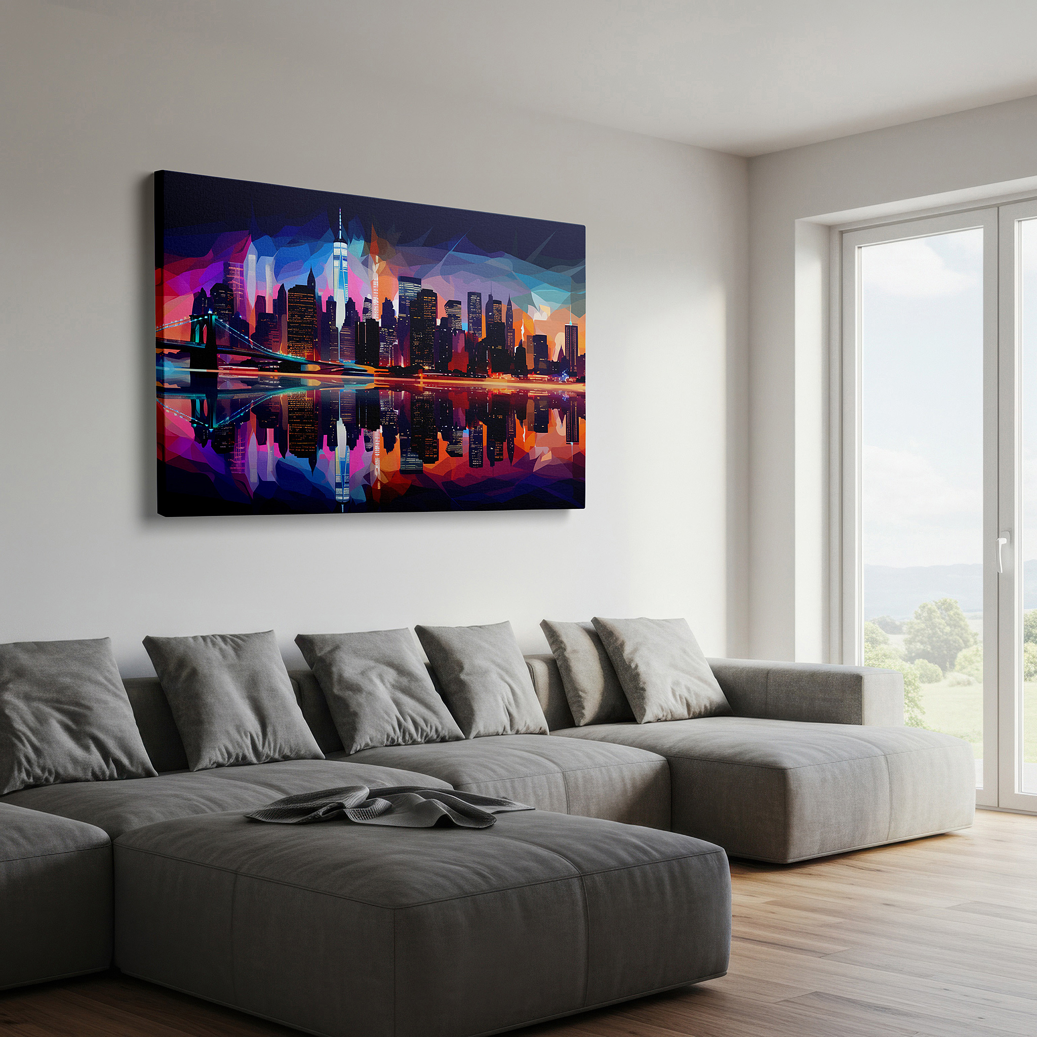 Close-up shows rich pigment, color blending, and brushwork texture — dynamic city skyline at night with reflective waters large canvas wall art, vibrant office and bedroom decor