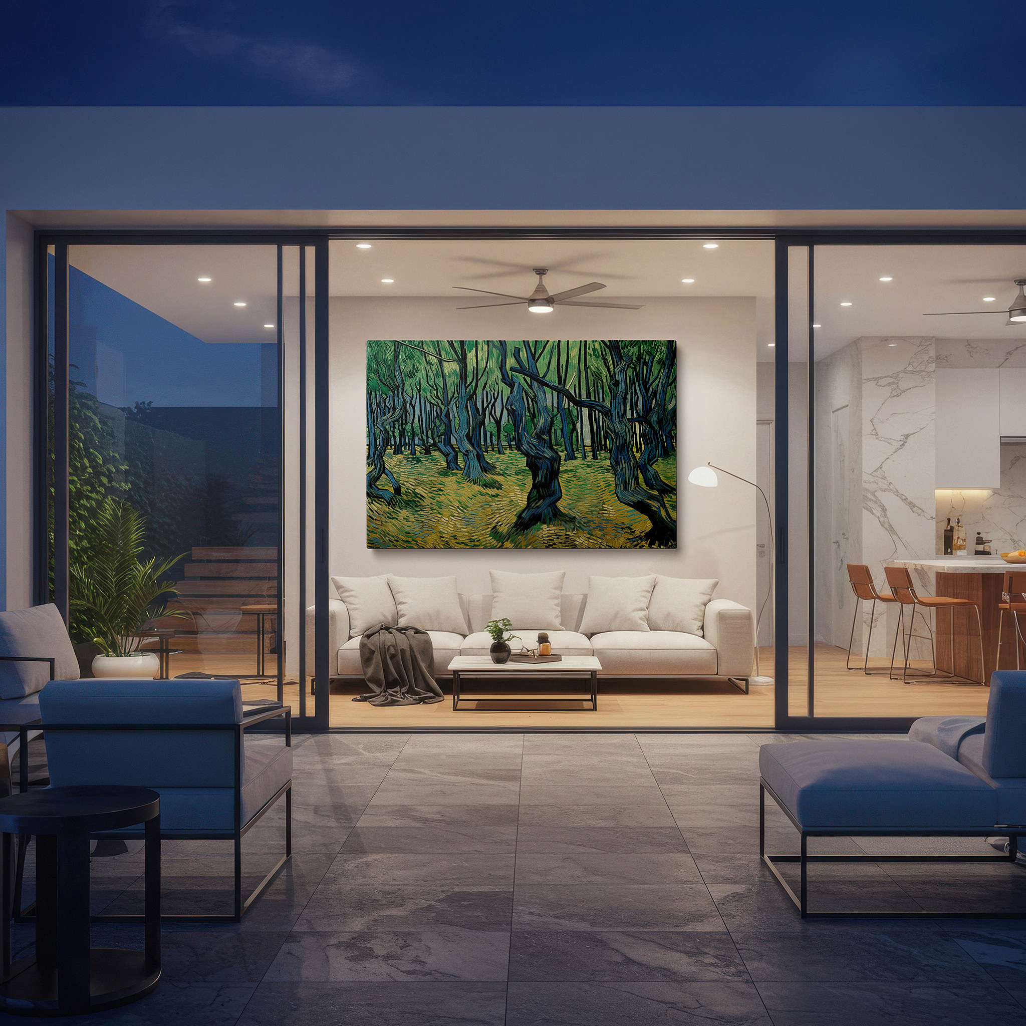 Close-up shows rich pigment, color blending, and brushwork texture — dynamic nature's palette: twisting trees and luminous hues - large canvas wall art for office, bedroom, and living room decor