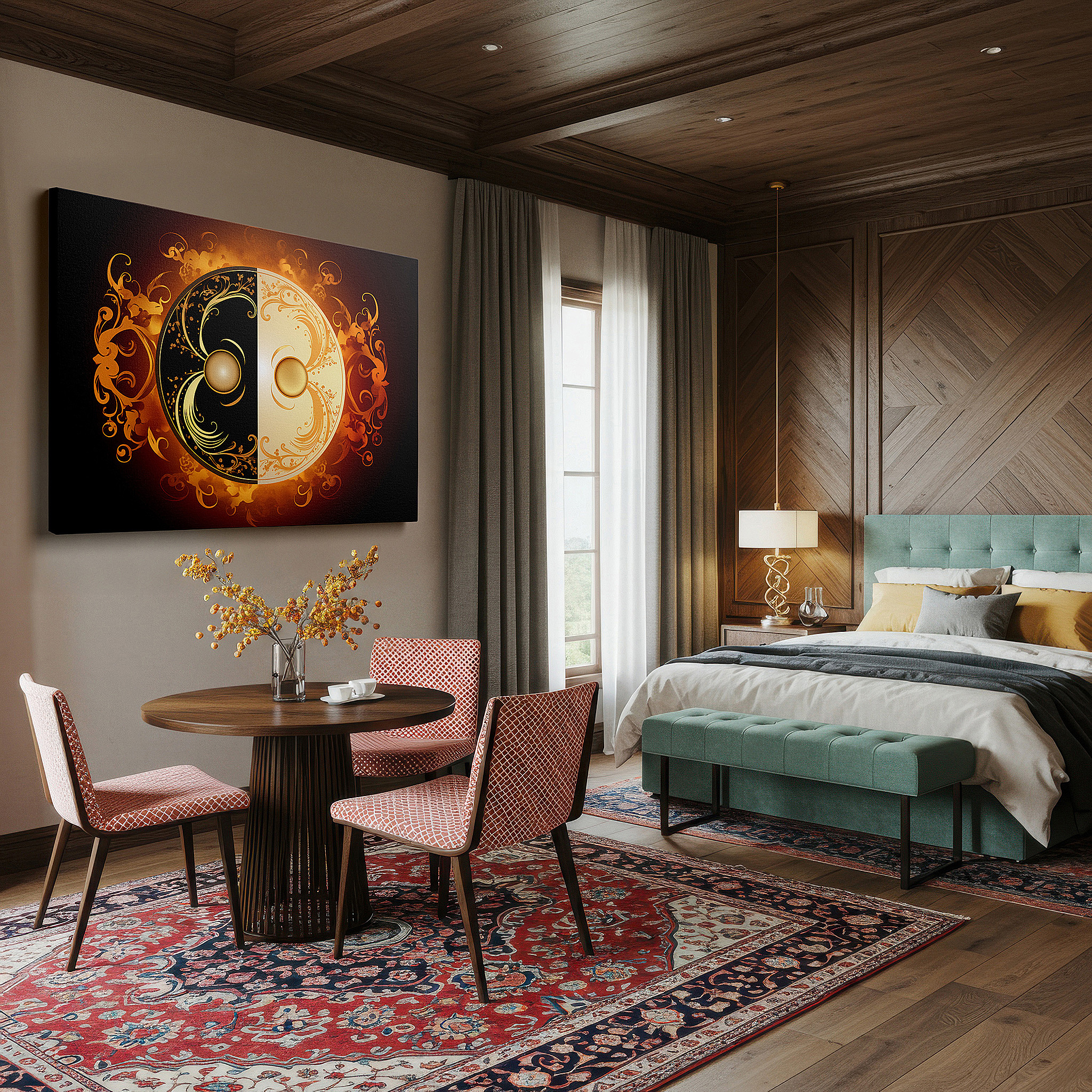 Close-up shows rich pigment, color blending, and brushwork texture — elegant black and gold yin yang symbol wall art, celebrating balance and duality, ideal for office and bedroom decor, available in large canvas sizes