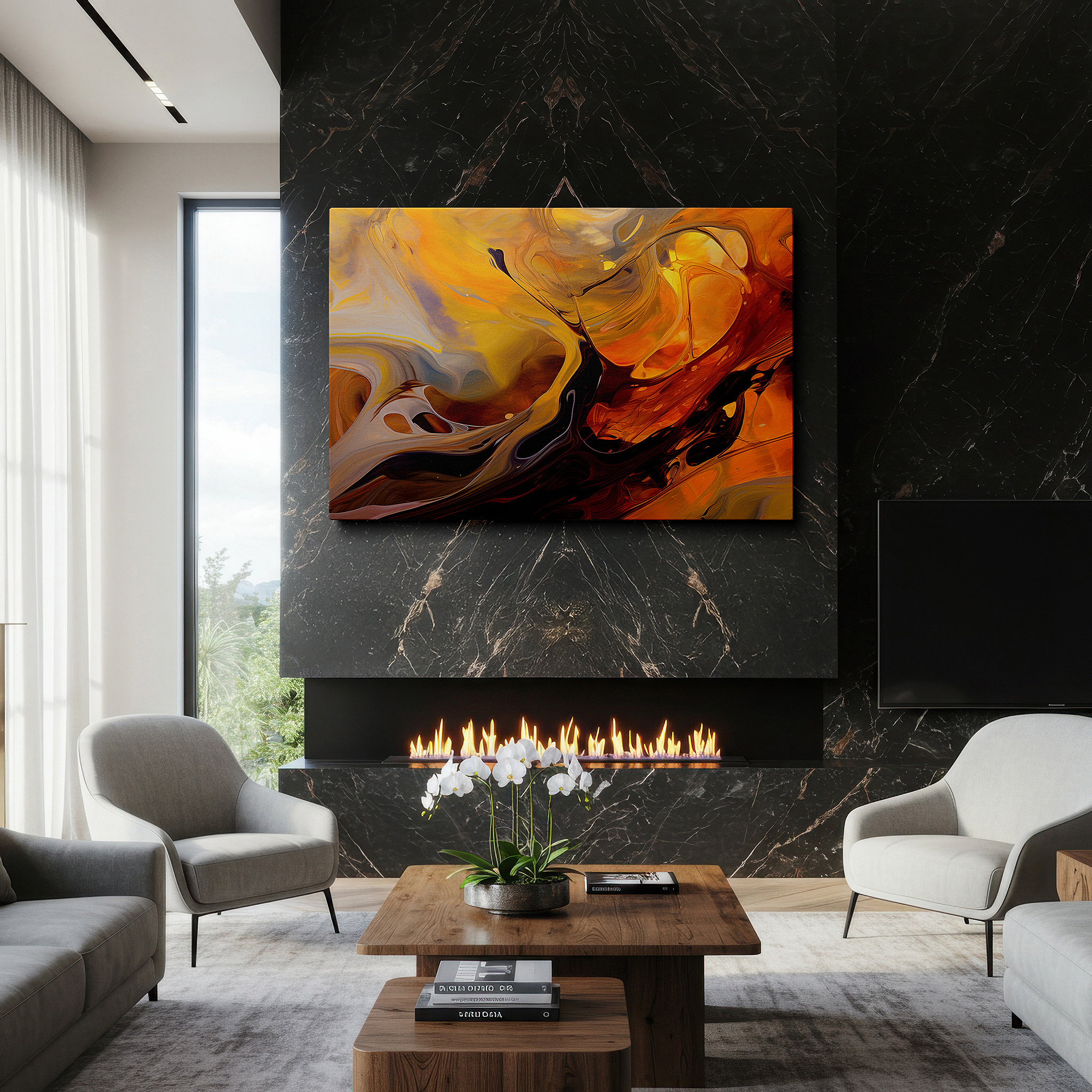 Close-up shows rich pigment, color blending, and brushwork texture — elegant gold and brown swirls create a cozy, textured visual experience large wall art, canvas wall art, wall decor, office wall art, bedroom wall art