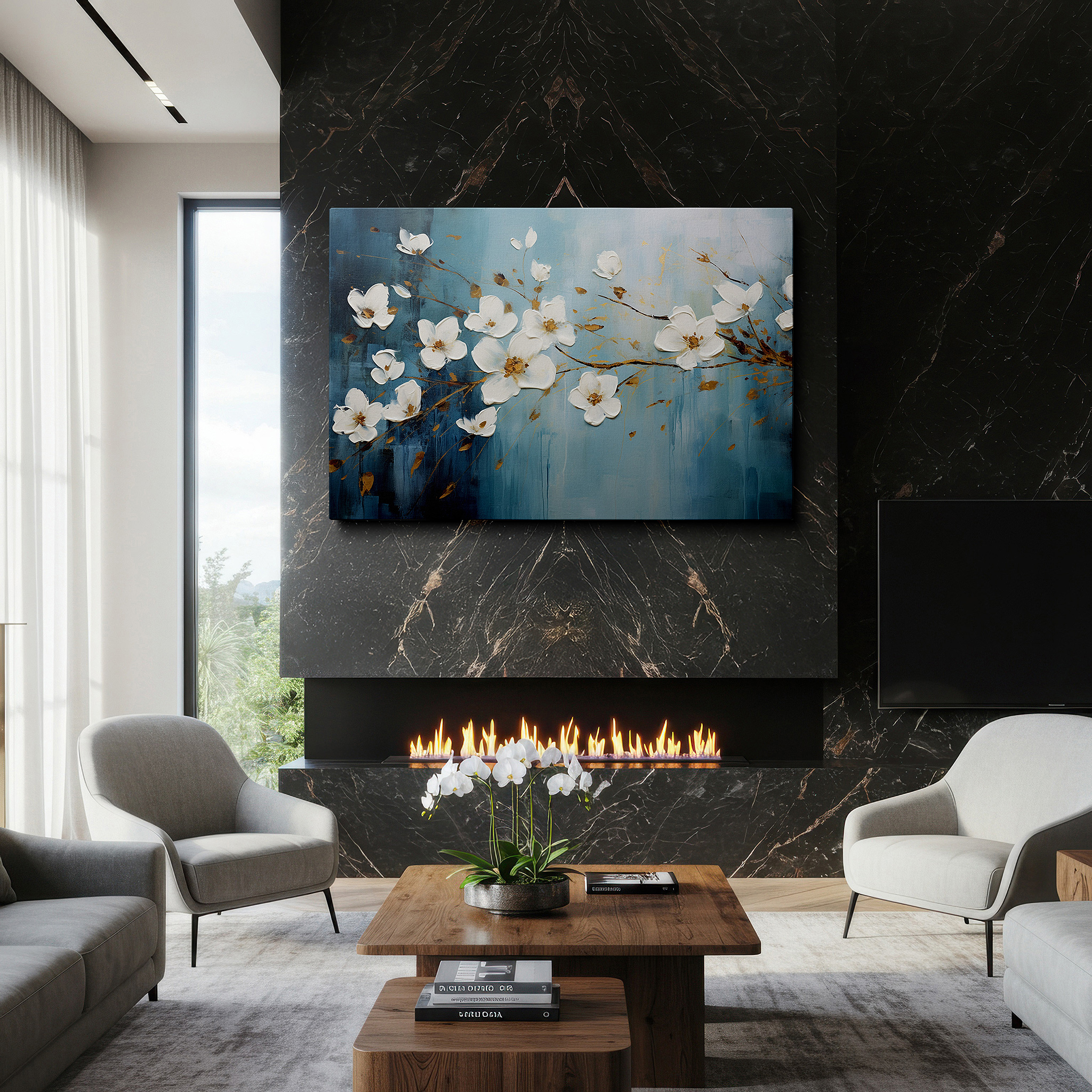 Close-up shows rich pigment, color blending, and brushwork texture — elegant white blossoms on a cool blue background with soft gold highlights, large canvas wall art for home and office decor