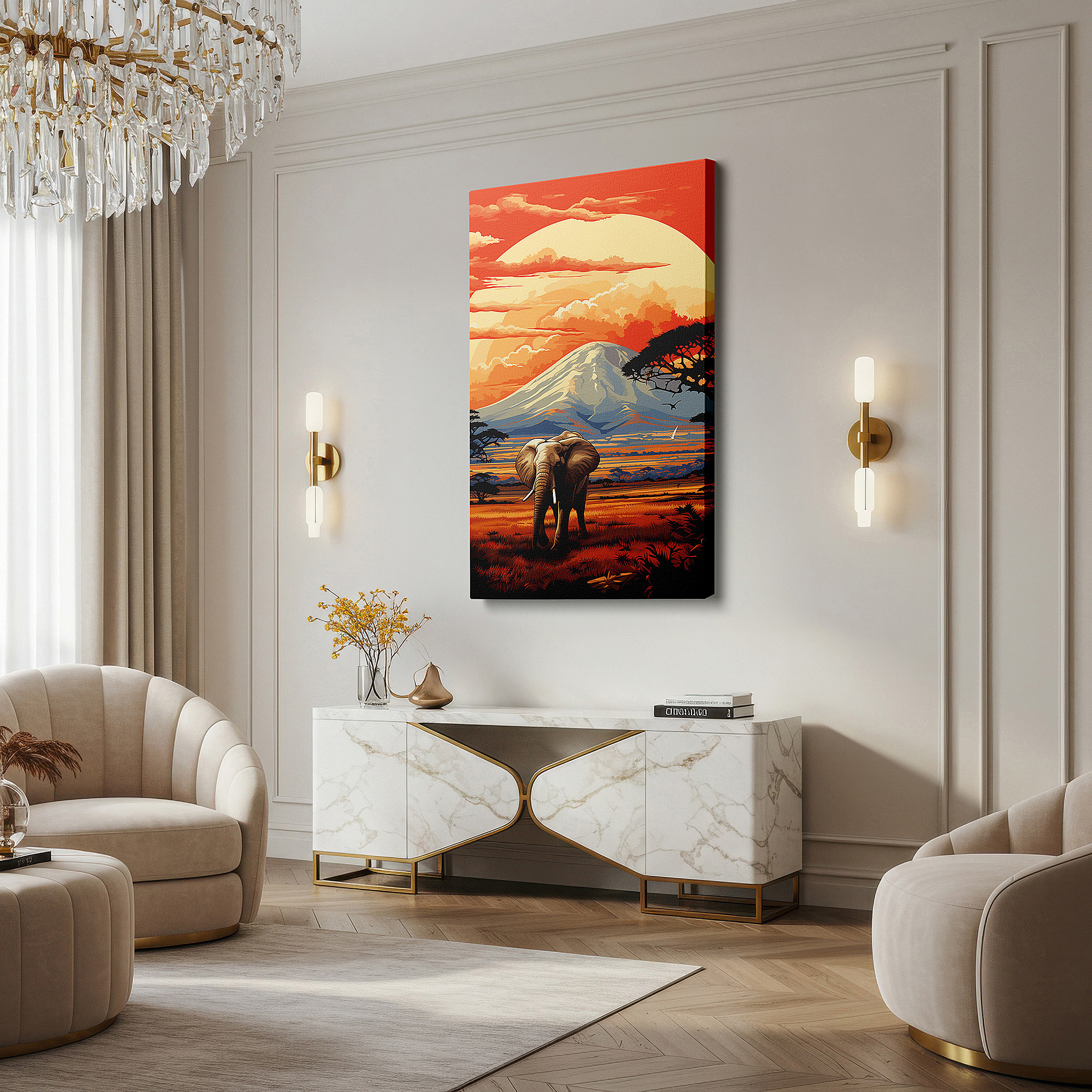 Close-up shows rich pigment, color blending, and brushwork texture — elephant silhouette at sunset in africa large canvas wall art for home and office decor
