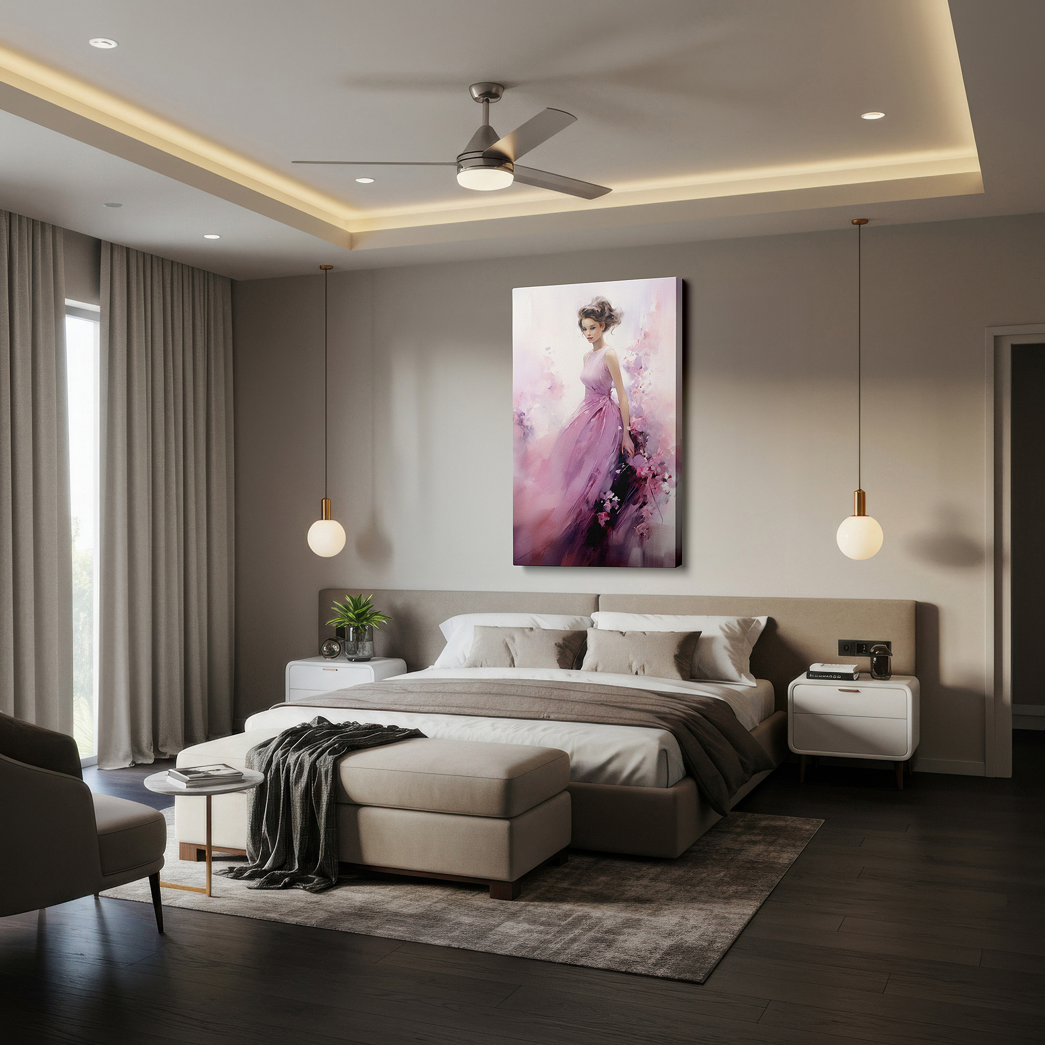 Close-up shows rich pigment, color blending, and brushwork texture — "ethereal grace" - a tranquil fusion of femininity and nature in gentle pastel shades, large wall art, canvas wall art, wall decor for office and bedroom