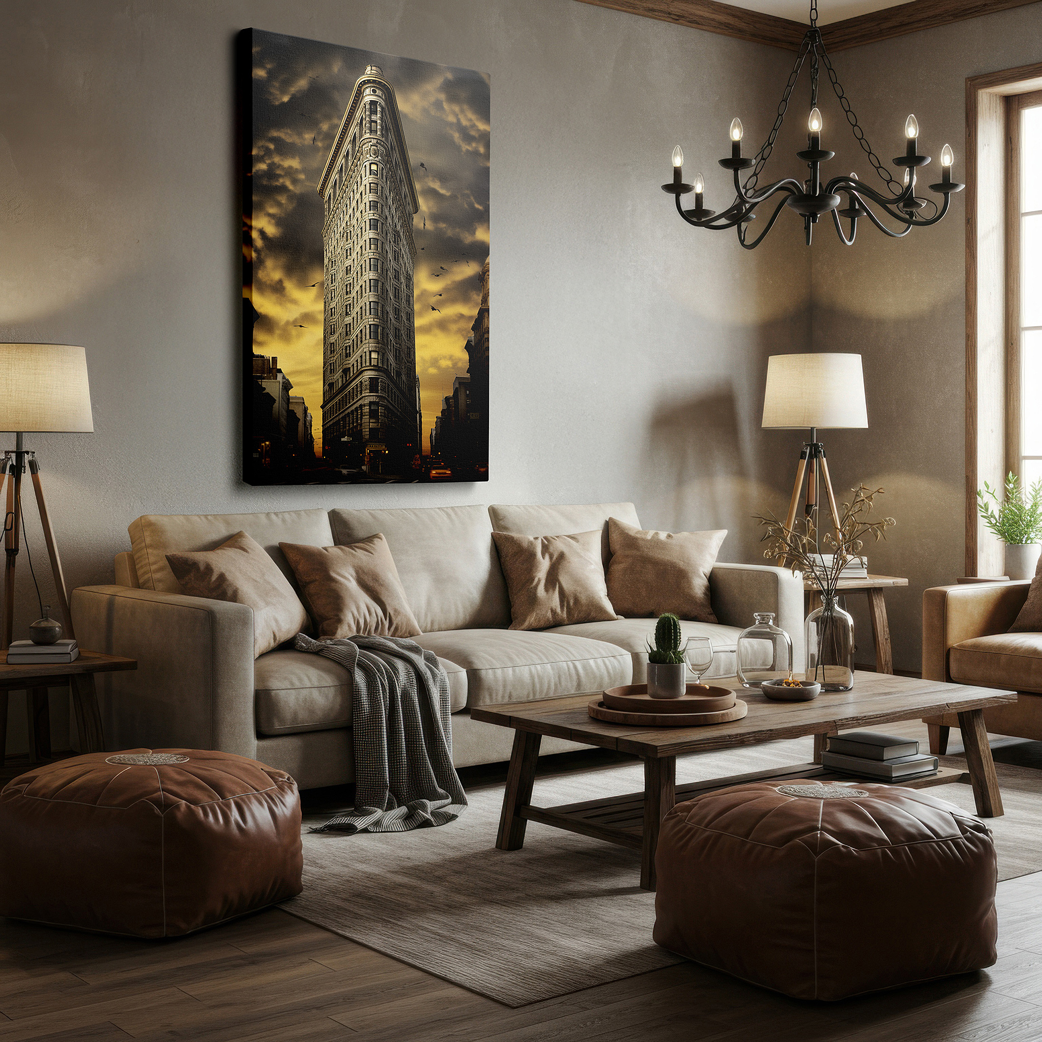Close-up shows rich pigment, color blending, and brushwork texture — flatiron building at sunset: a tribute to new york's architectural grandeur - large canvas wall art for office decor