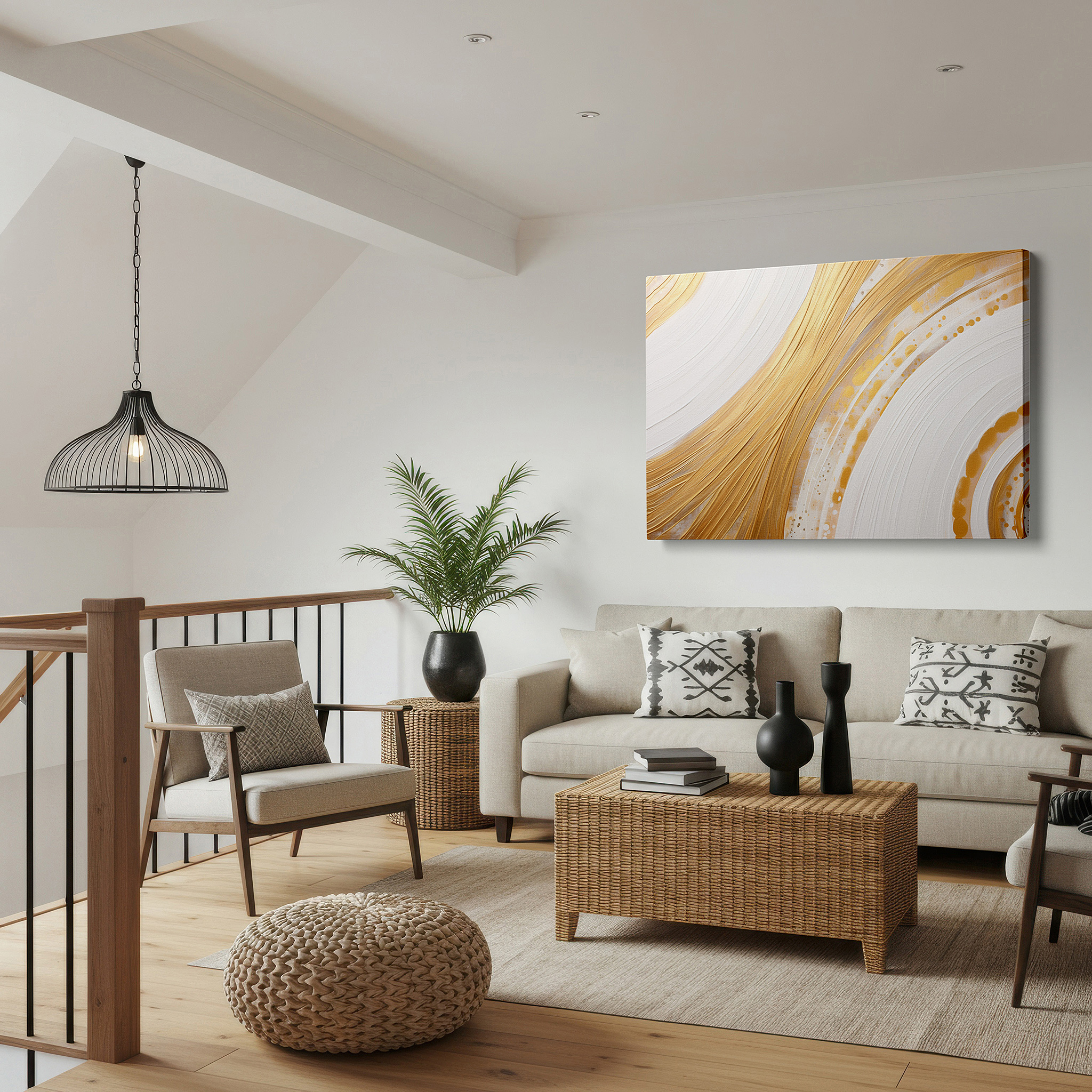Close-up shows rich pigment, color blending, and brushwork texture — gold and white elegance, abstract harmony for luxurious spaces: large wall art, canvas wall art, wall decor for offices and bedrooms