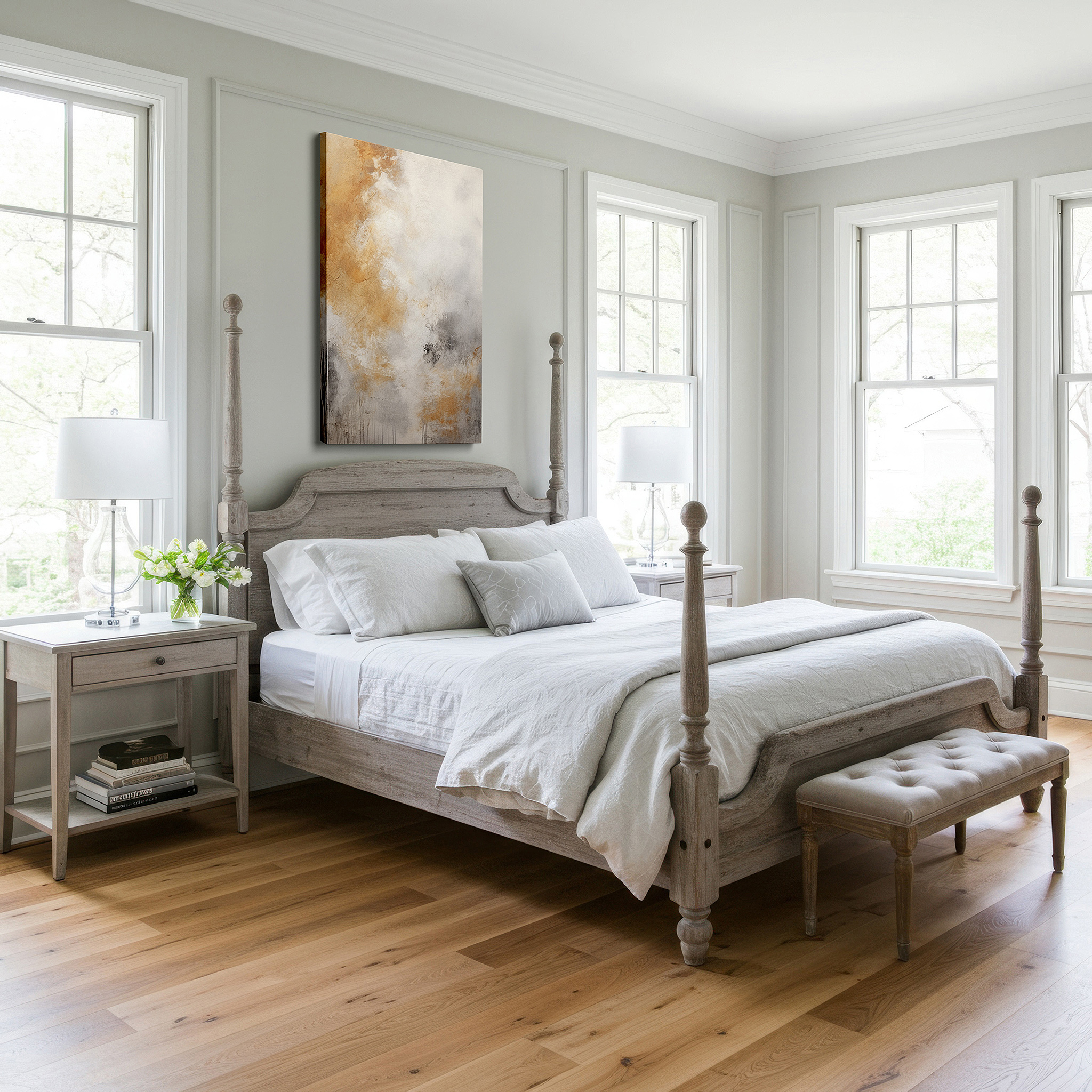 Close-up shows rich pigment, color blending, and brushwork texture — golden dawn tranquility: earthy textures and serene tones large wall art, canvas wall art, wall decor for office and bedroom