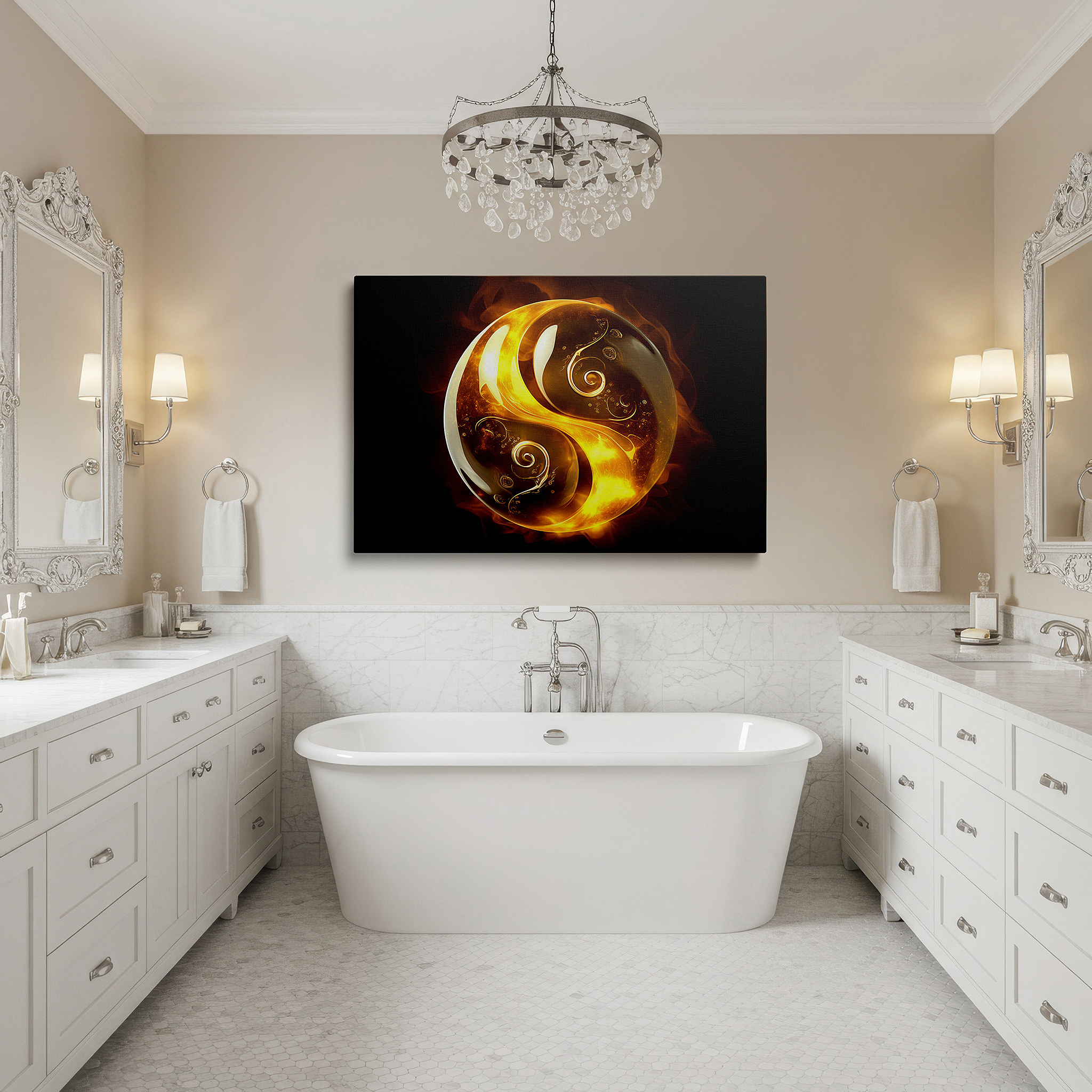 Close-up shows rich pigment, color blending, and brushwork texture — golden orb wall art: featuring intricate spirals, this abstract canvas exudes warmth and energy, perfect for home or office decor.